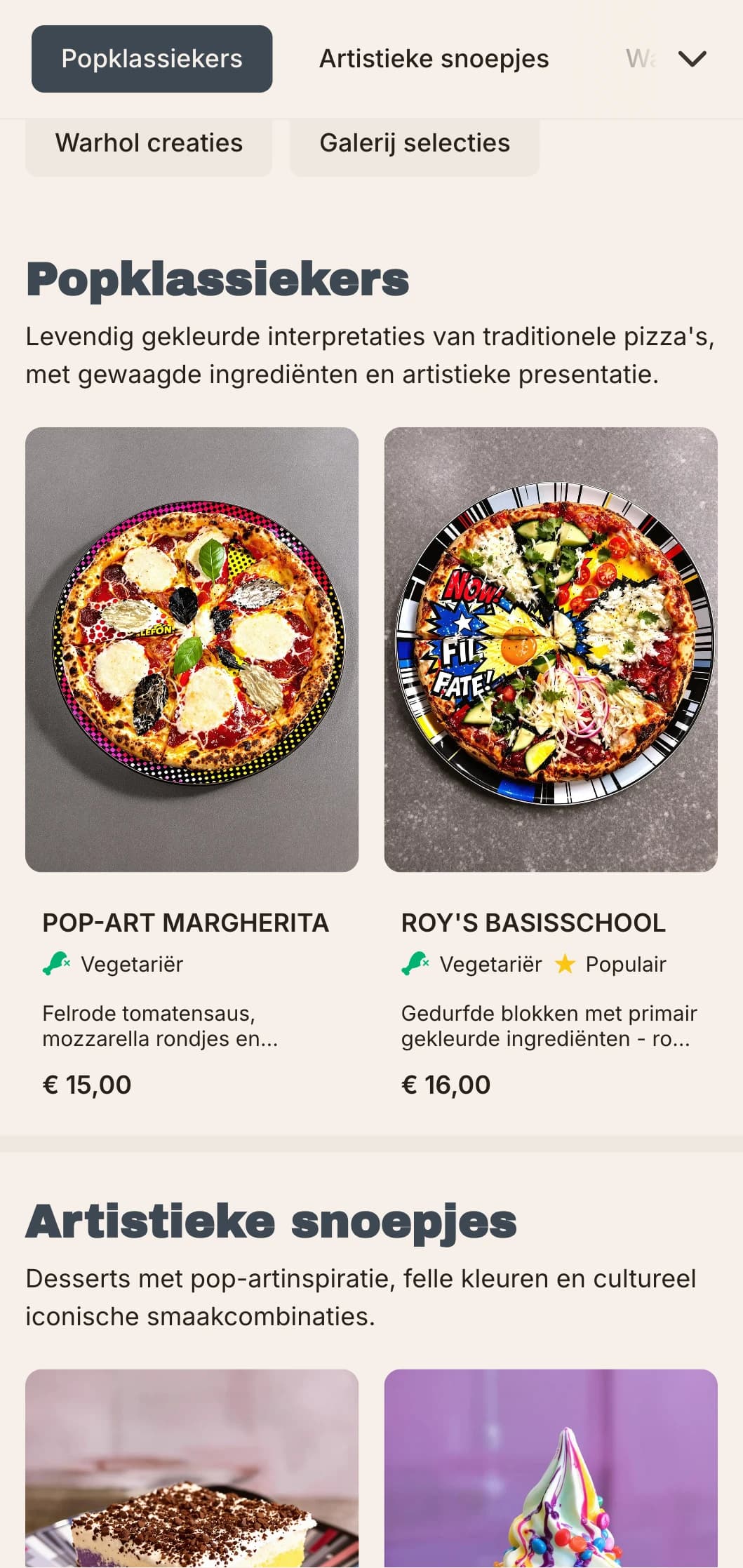 Op Andy Warhol geïnspireerd pizzamenu met popartelementen en retro-moderne esthetiek.