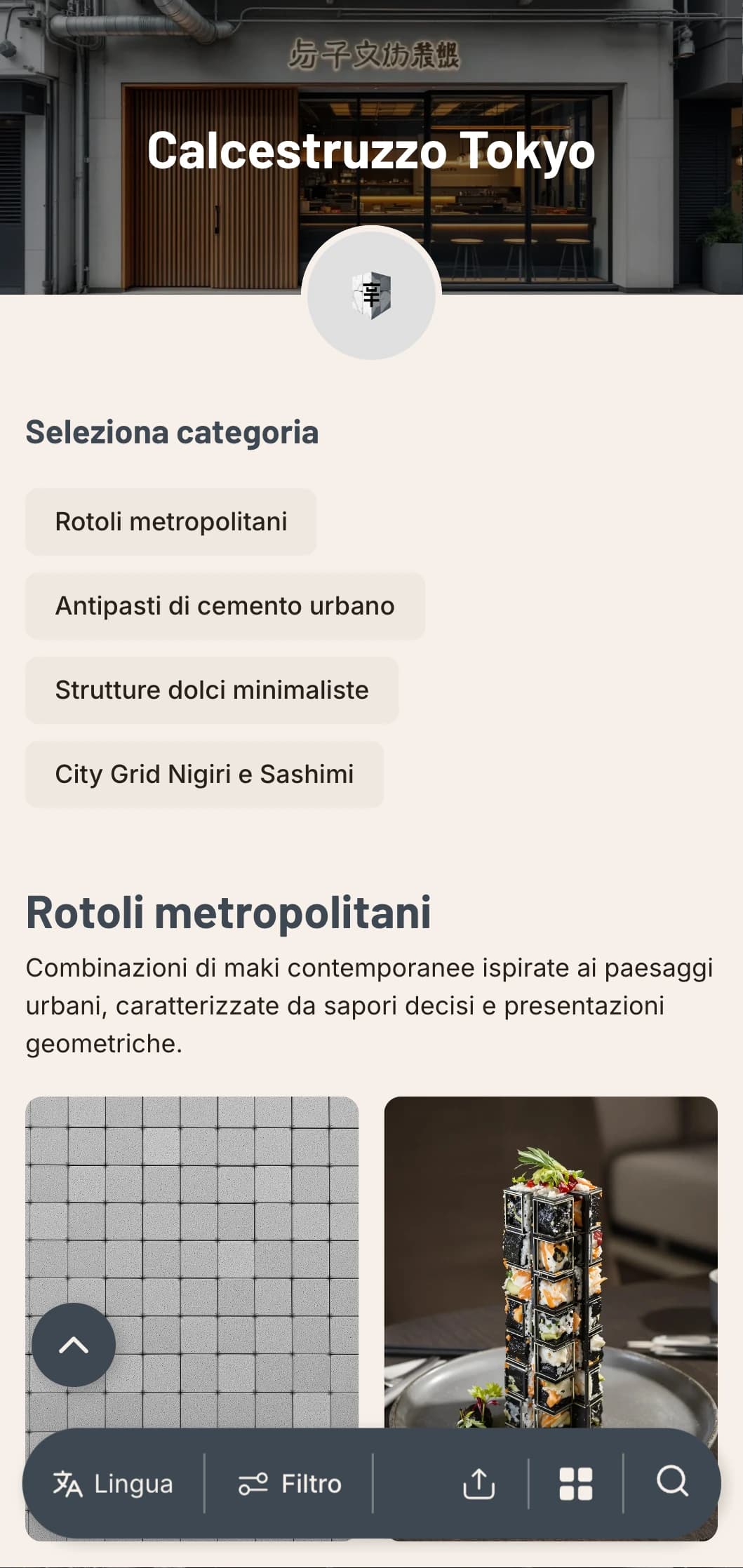 Menù di sushi industriale e urbano con toni grigi concreti e design minimalista per i locali della città contemporanea.