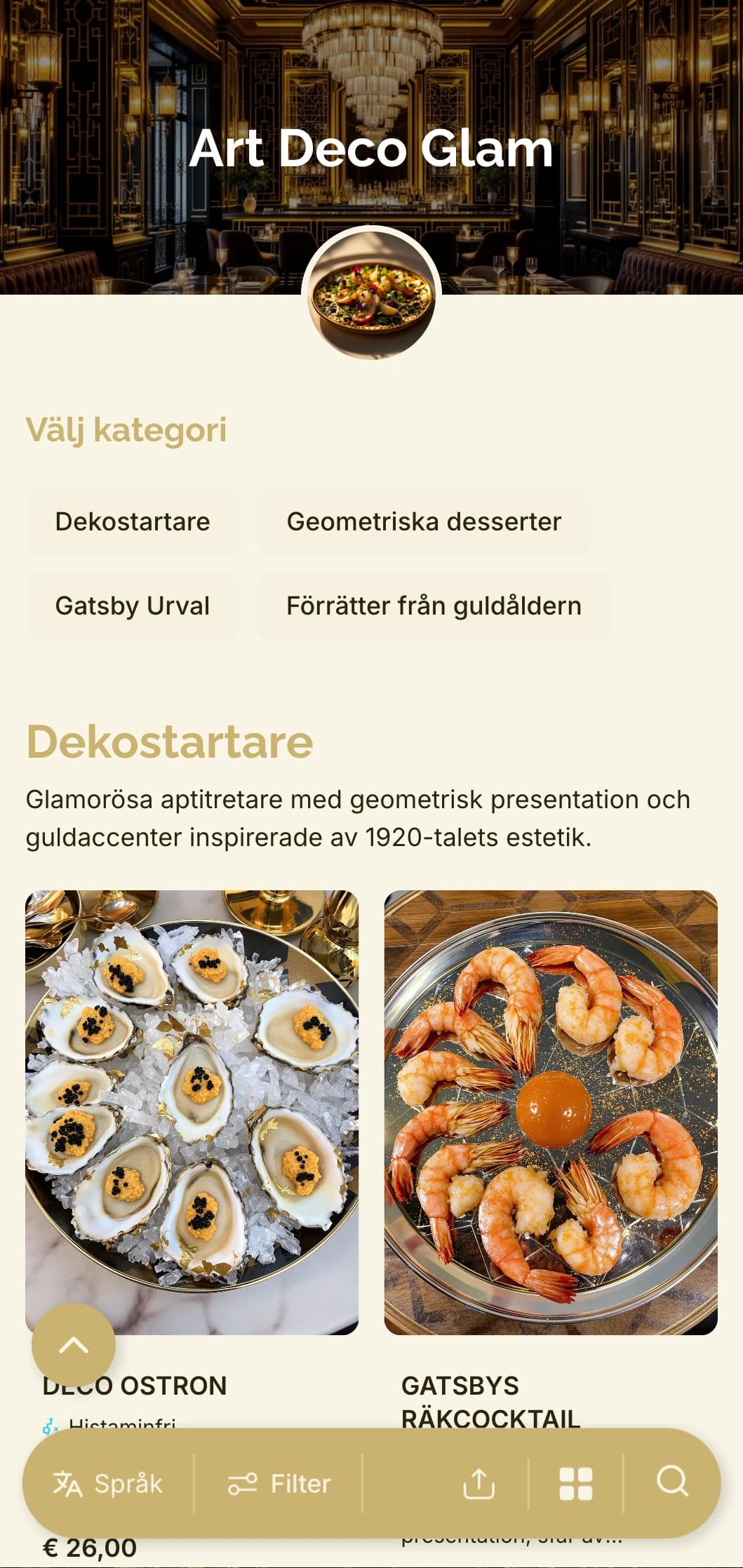 Glamorös 1920-talsinspirerad design med geometriska mönster och gyllene accenter för en tidlös men ändå modern matupplevelse.