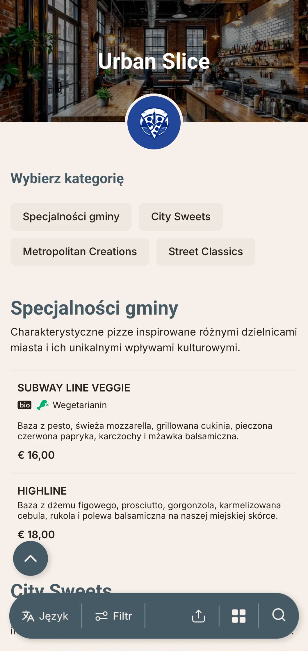 Miejskie, współczesne menu pizzy z elementami wzornictwa przemysłowego, idealne dla pizzerii w centrum miasta.