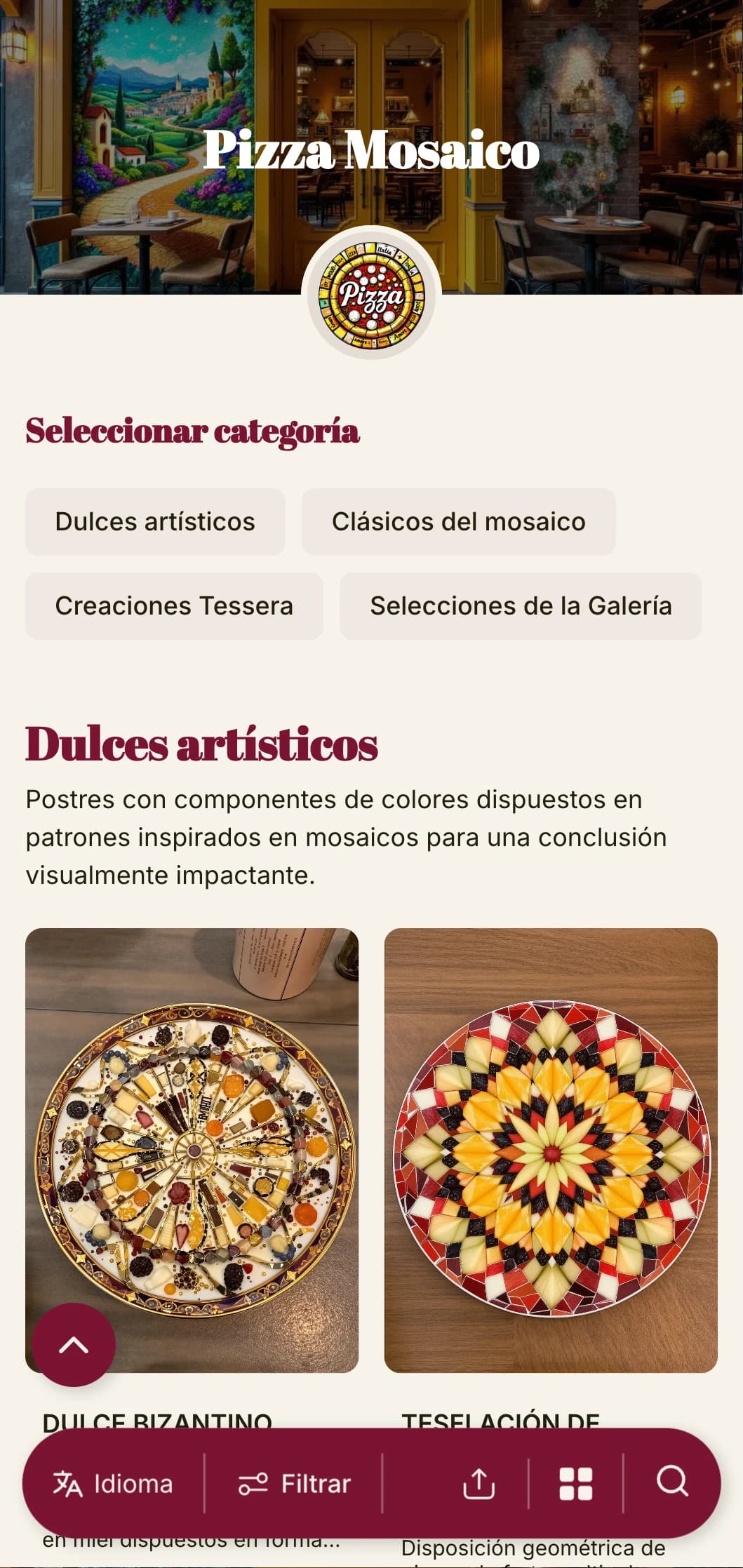 Colorida y artística carta de pizzas inspirada en el arte del mosaico italiano con elementos vibrantes.