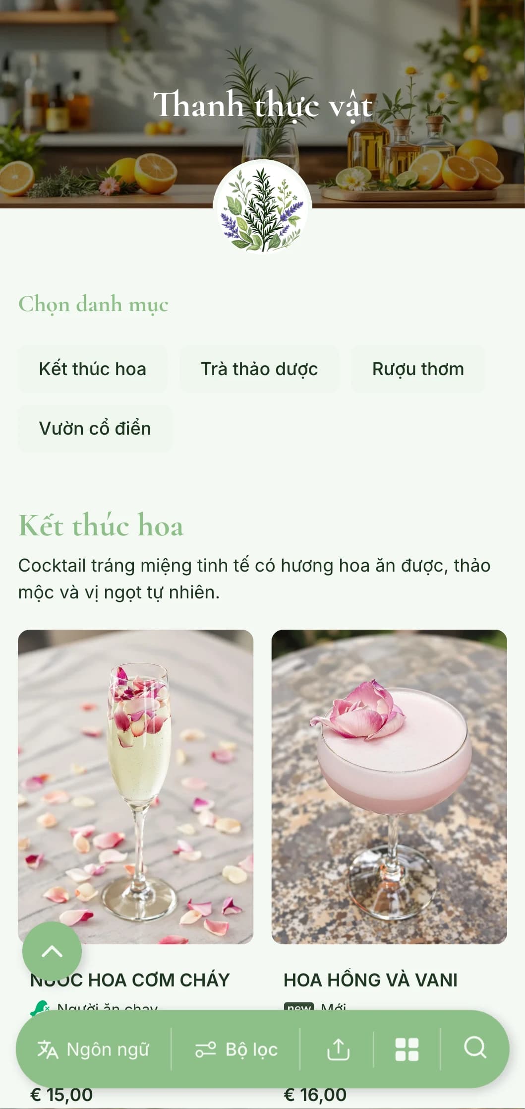 Thiết kế thực đơn tươi mới lấy cảm hứng từ khu vườn dành cho các quán bar chuyên về cocktail thảo mộc và thực vật.