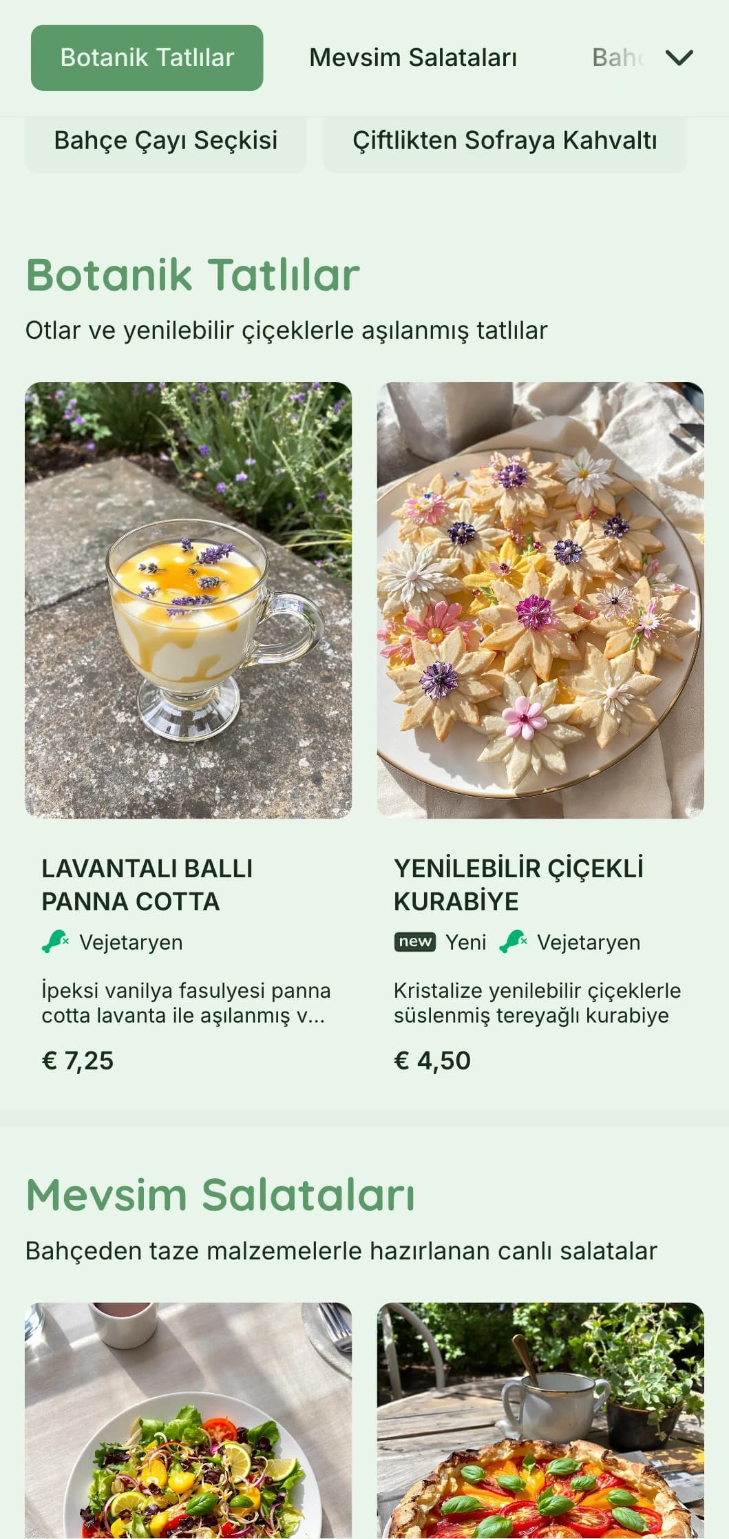 Bahçe kafeleri ve organik lokantalar için botanik unsurlar içeren canlı yeşil tasarım.
