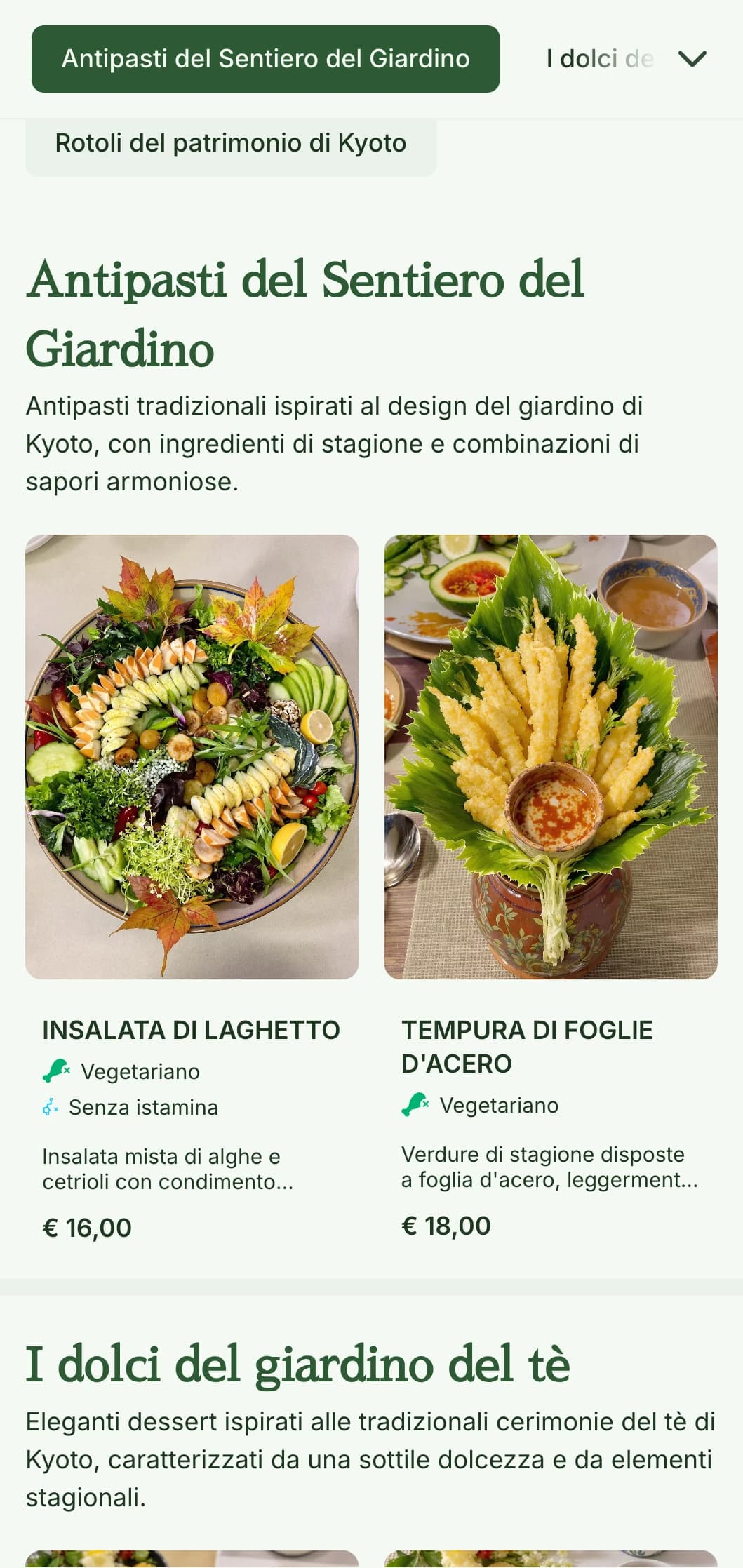 Menu di sushi tradizionale ispirato al giardino giapponese, con serene tonalità verdi ed elementi classici.