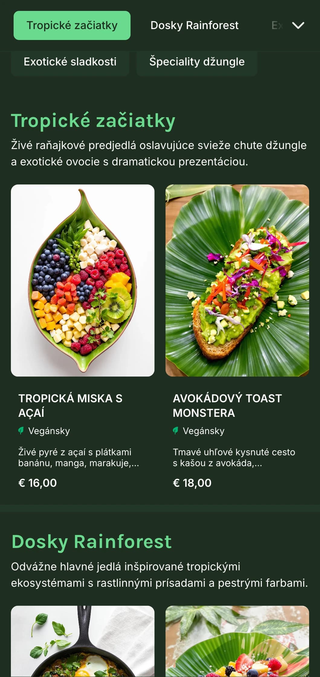 Žiarivá zelená šablóna s tropickými prvkami, ideálna pre rastlinné kaviarne a exotické ponuky na brunch.