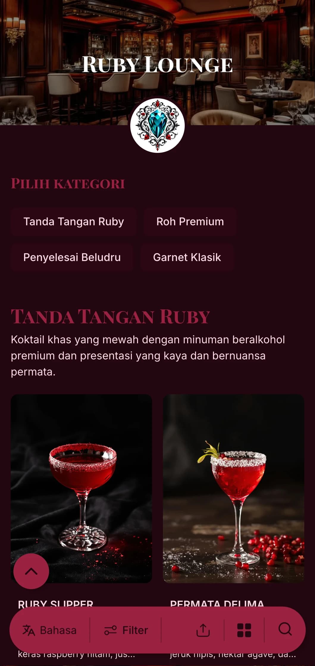 Desain mewah bernuansa permata untuk bar koktail dan lounge kelas atas yang menampilkan aksen ruby yang kaya dan tipografi yang elegan.
