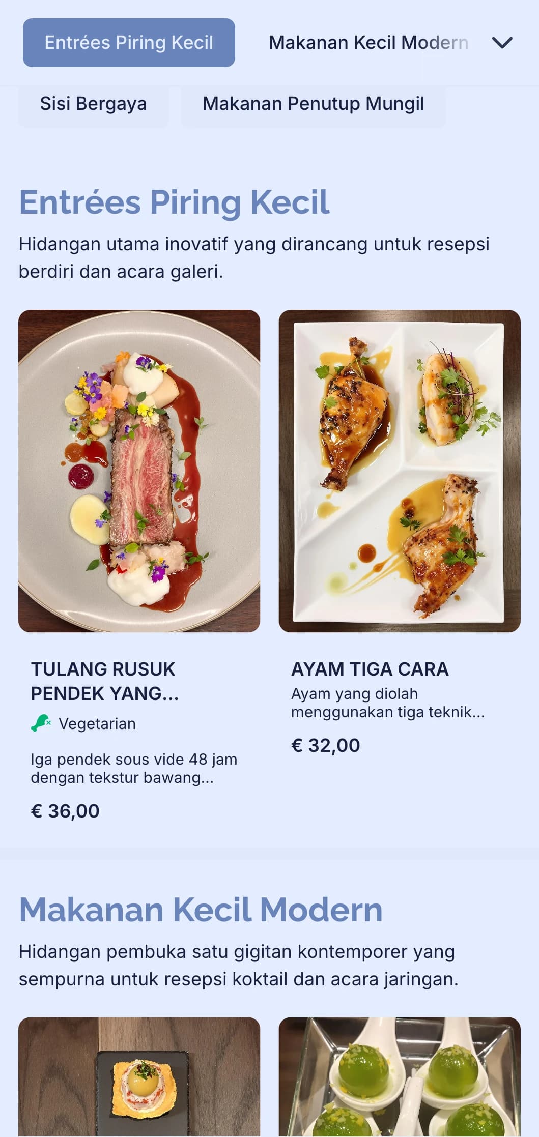 Katering modern penuh gaya untuk acara koktail yang menampilkan canape inovatif, makanan kecil, dan presentasi kontemporer untuk acara jaringan dan pembukaan galeri.