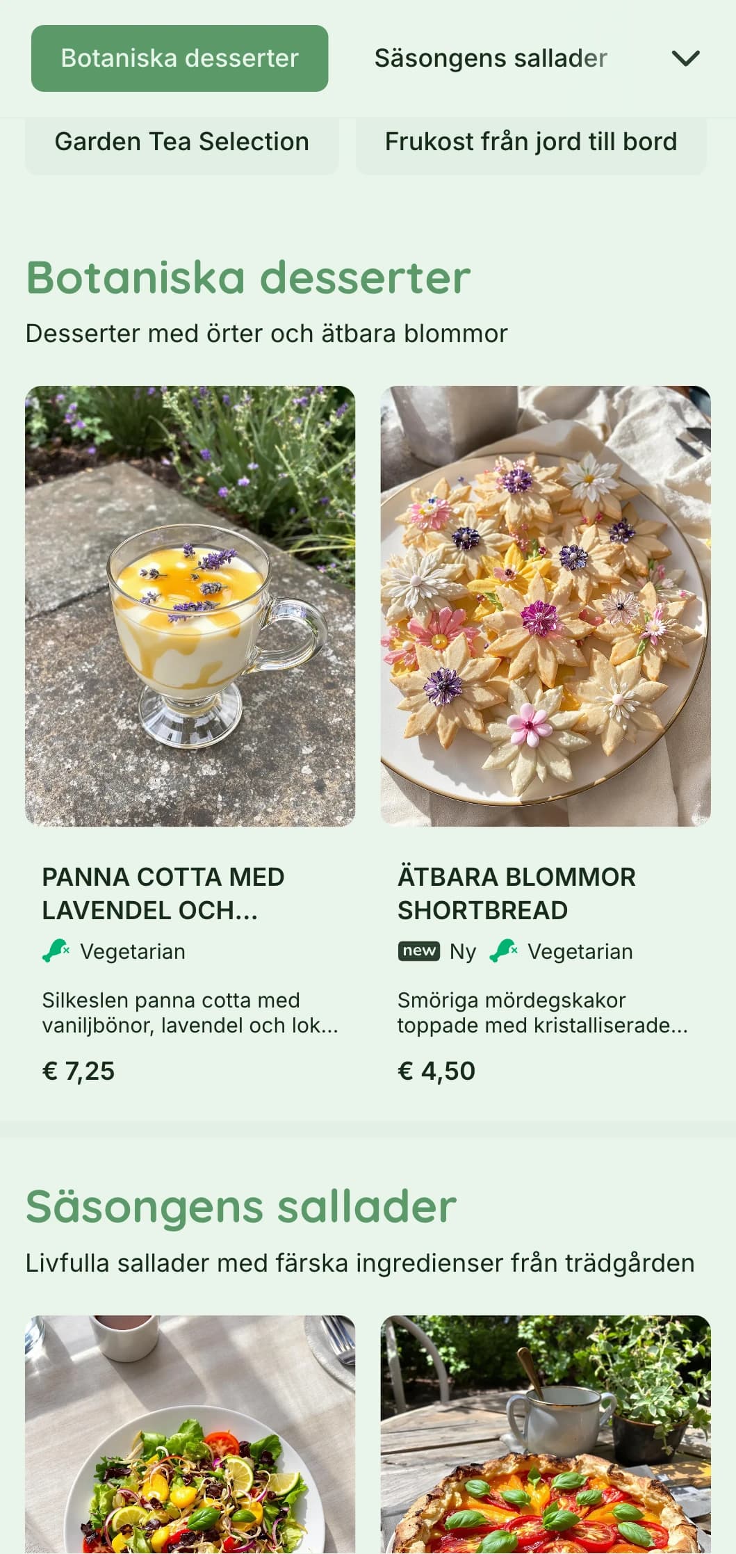 Levande grön design med botaniska element för trädgårdscaféer och ekologiska matställen.