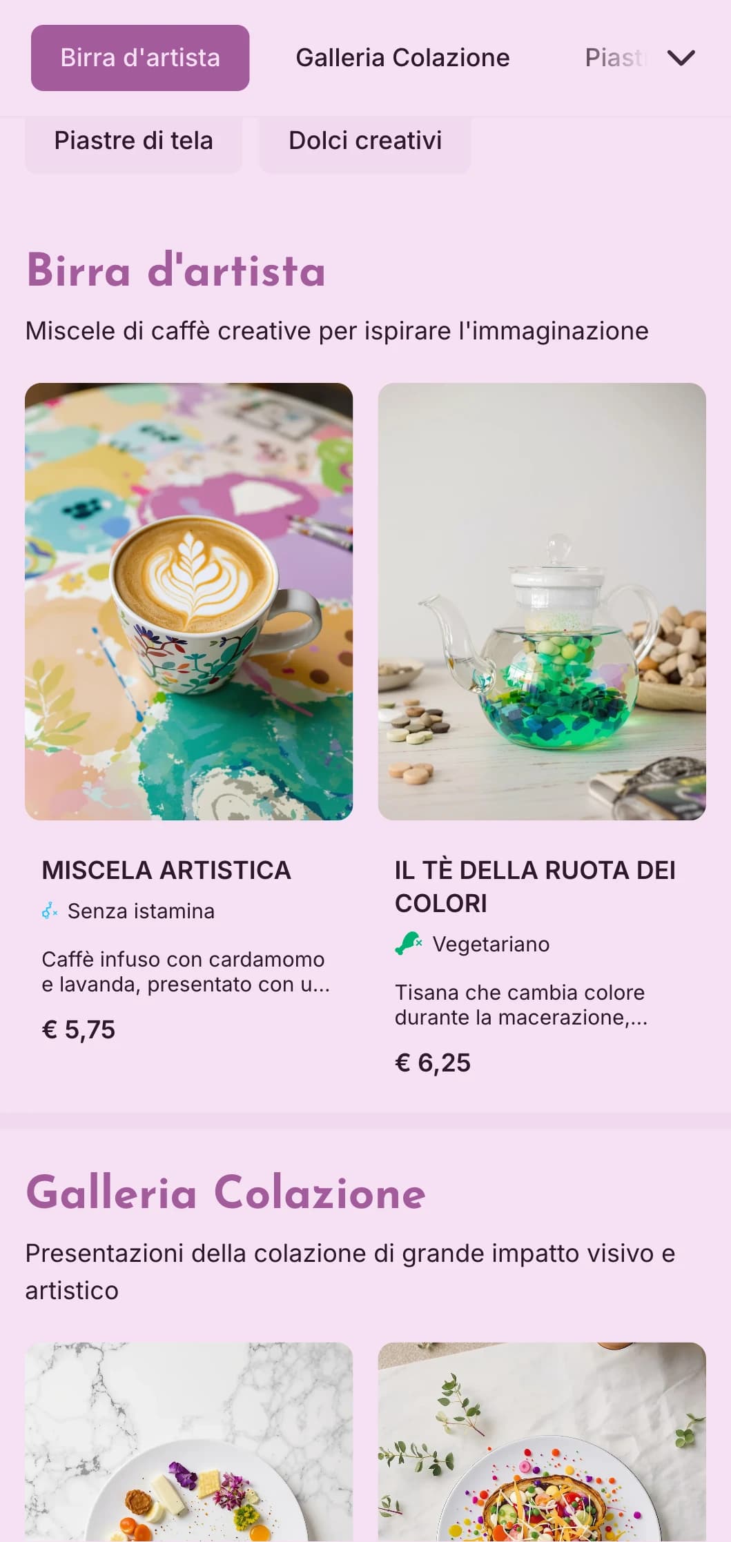 Design creativo in viola con elementi artistici per gallerie, caffè e spazi creativi.
