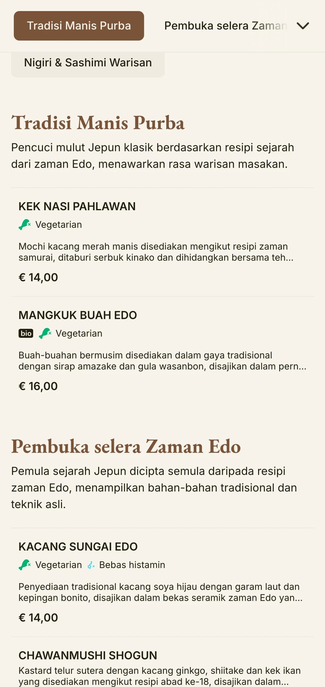 Menu sushi berinspirasikan Jepun bersejarah yang menampilkan estetika zaman Edo tradisional dengan tipografi klasik.
