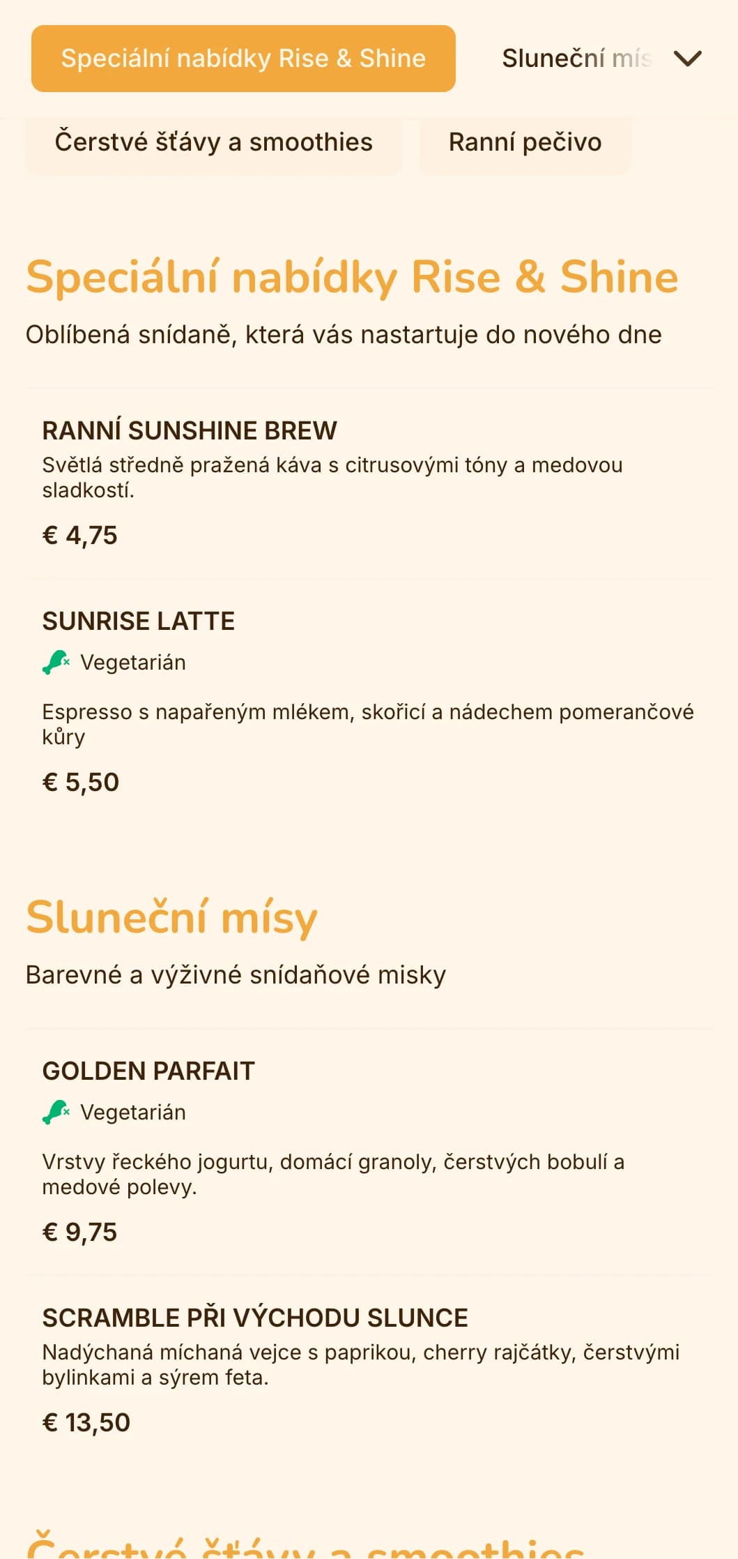 Veselý žlutooranžový design se slunečnými prvky pro snídaňové restaurace a brunchová místa.