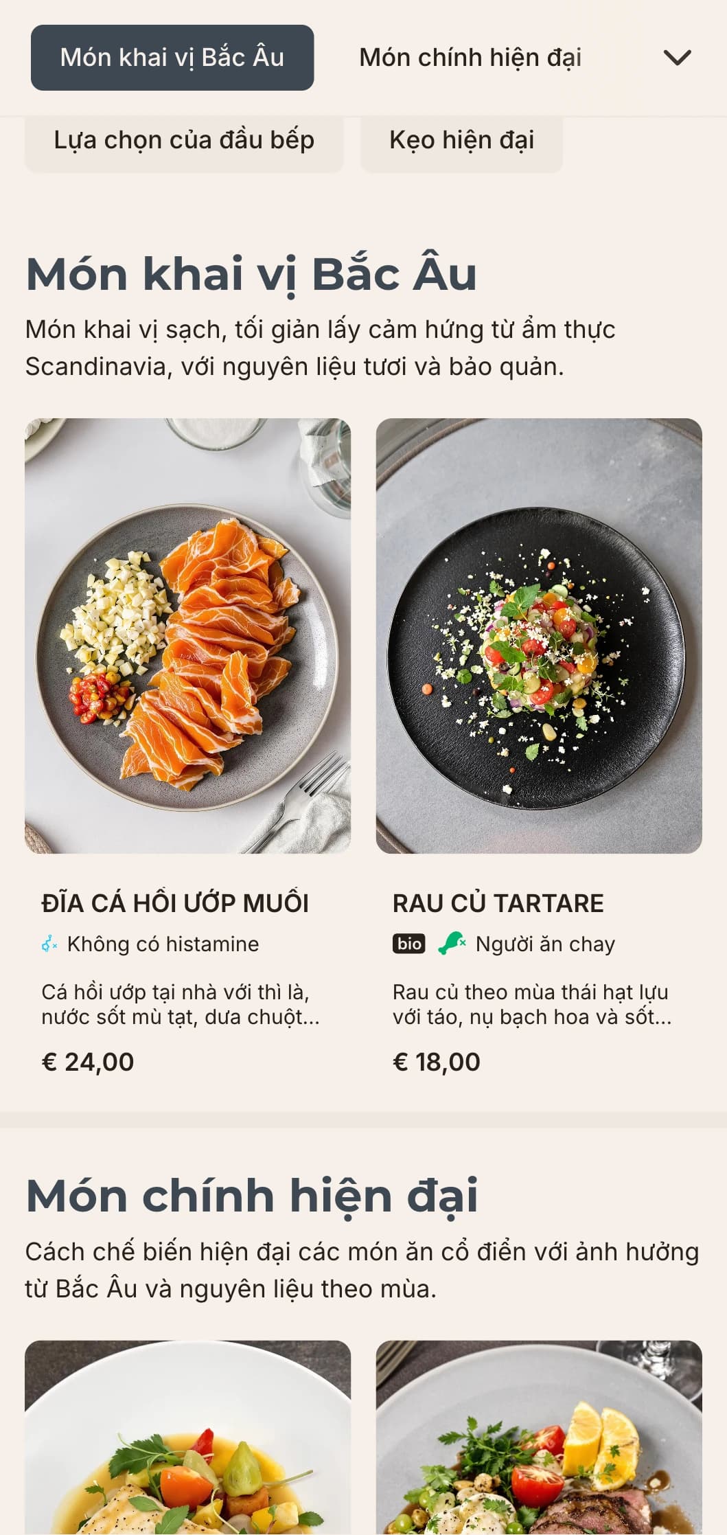 Thiết kế thực đơn tối giản, sạch sẽ với phong cách Scandinavia, có nhiều không gian trắng và các yếu tố hình học, lý tưởng cho các cơ sở ăn uống hiện đại.