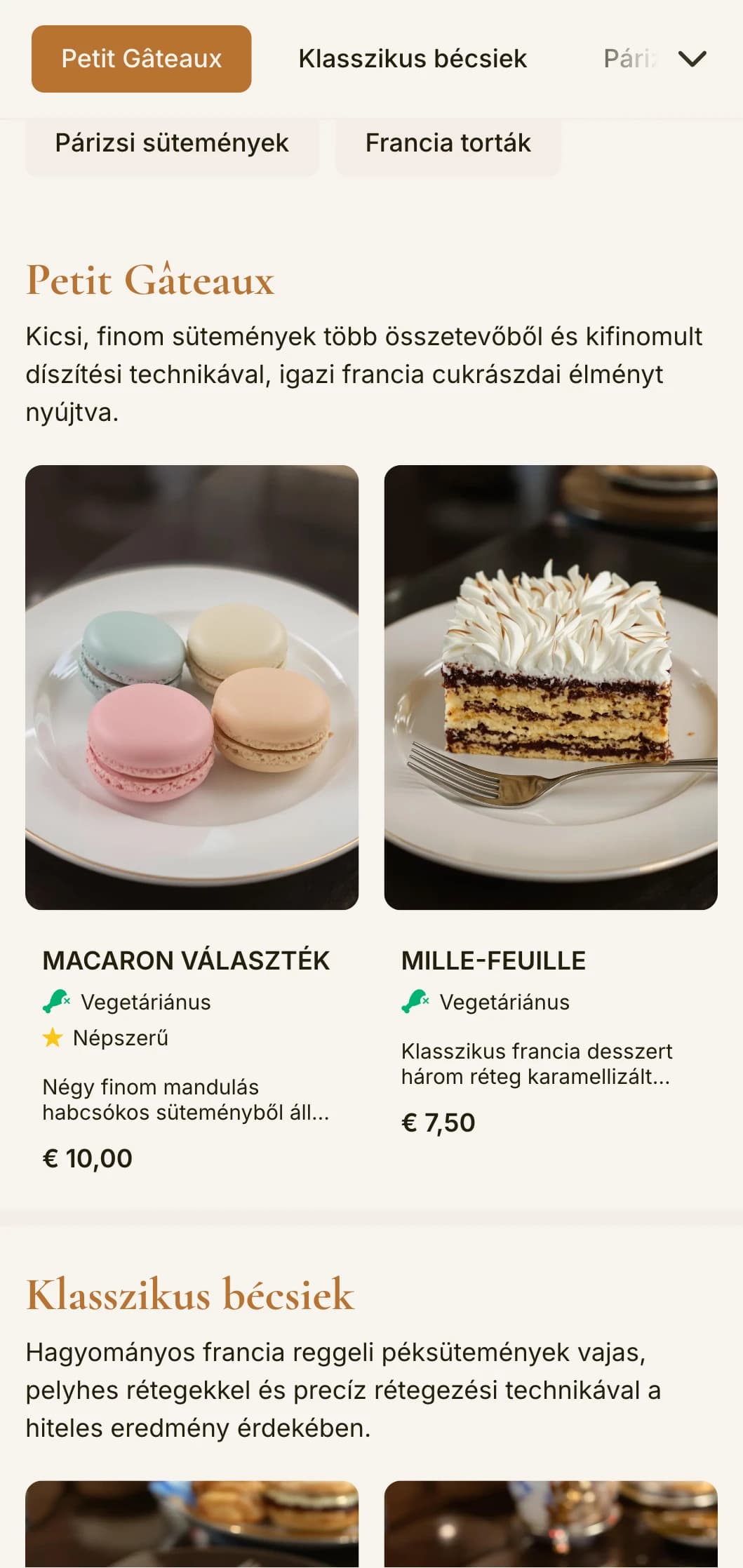 Elegáns, francia ihletésű pékségi menüterv réz ékezetekkel és kifinomult tipográfiával, tökéletes francia cukrászdák és cukrászdák számára.