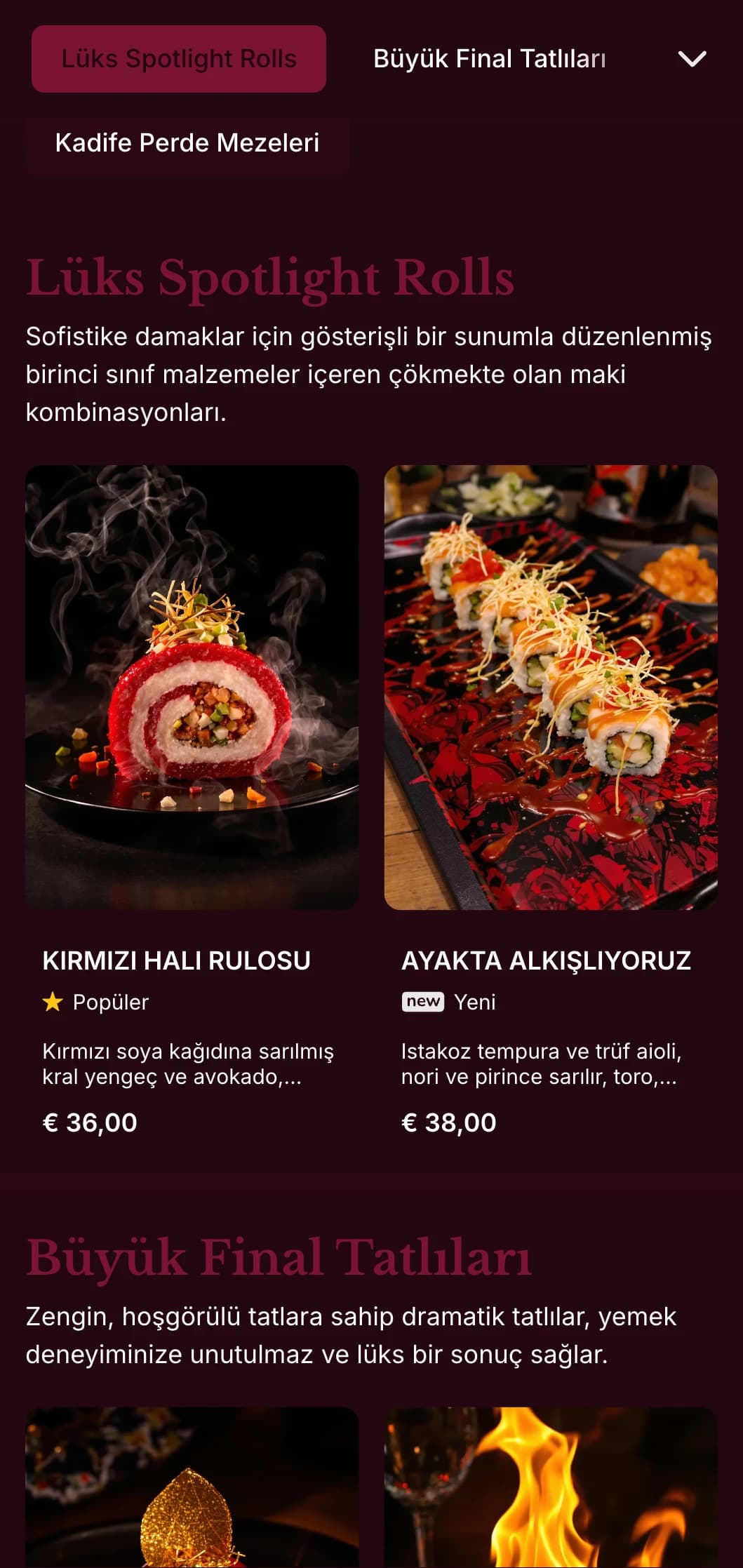 Zengin kırmızı kadife tonları ve premium mekanlar için dramatik unsurlar içeren lüks suşi deneyimi.