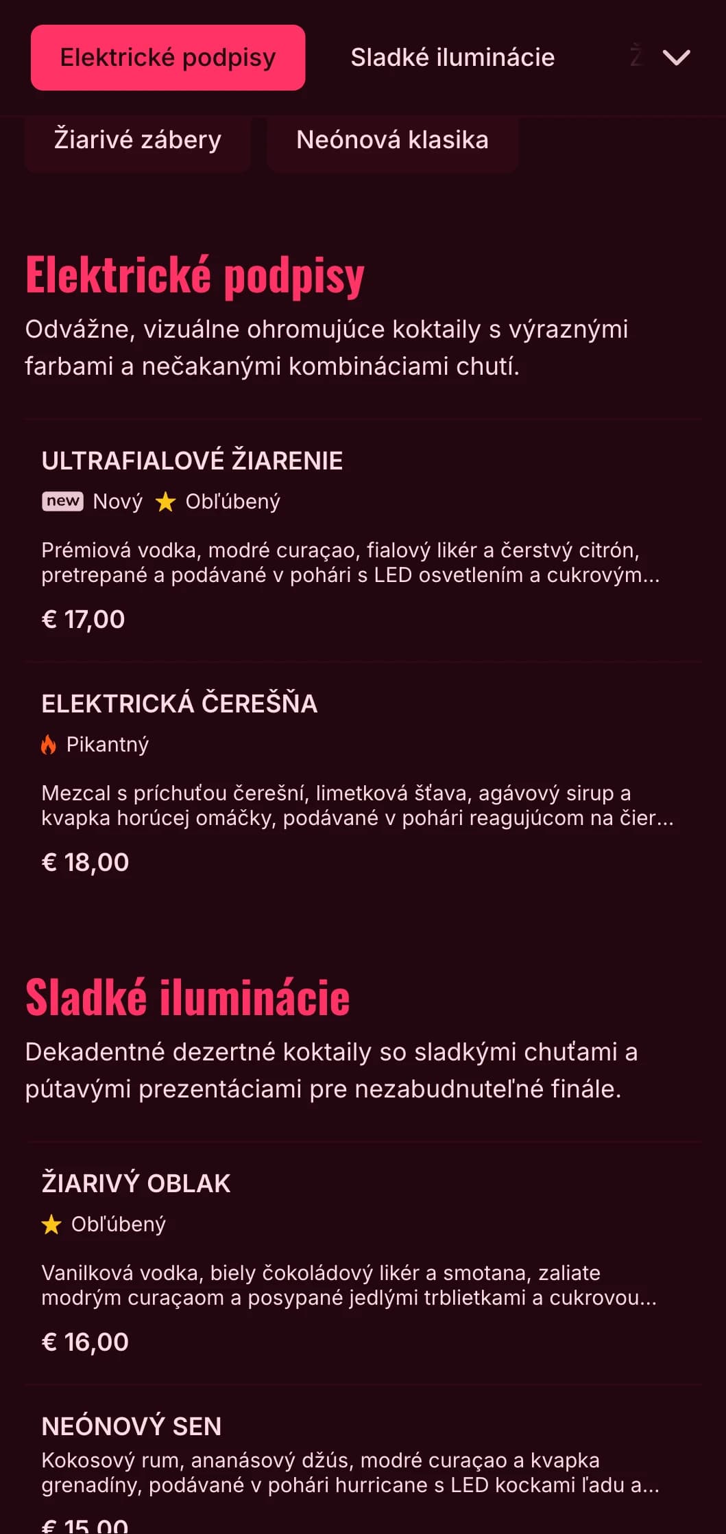 Odvážny, žiarivý dizajn menu inšpirovaný neónovým nočným životom je ideálny pre moderné koktailové bary a nočné kluby.