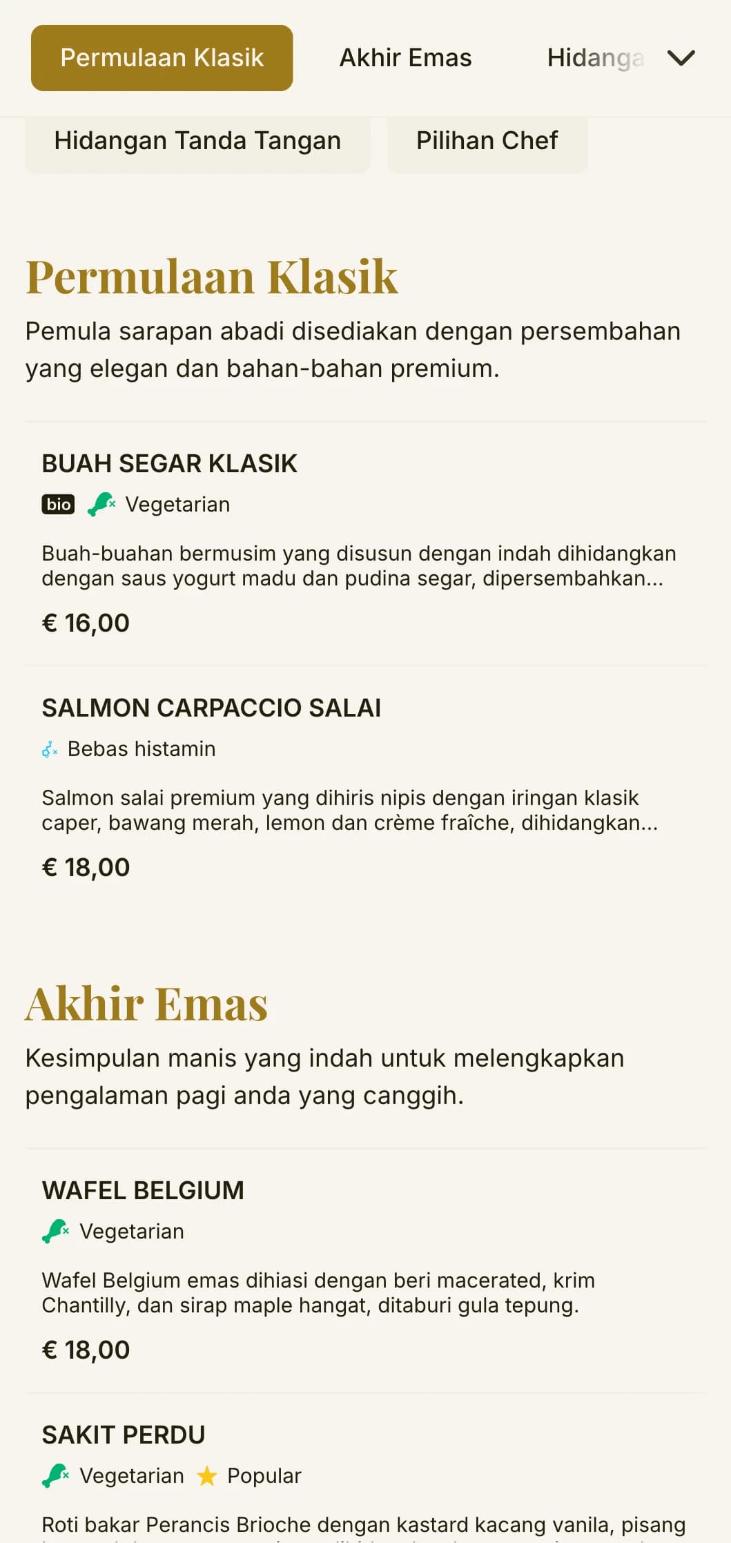 Santapan pagi yang elegan dengan sarapan klasik yang abadi dan persembahan yang halus untuk permulaan hari anda yang canggih.