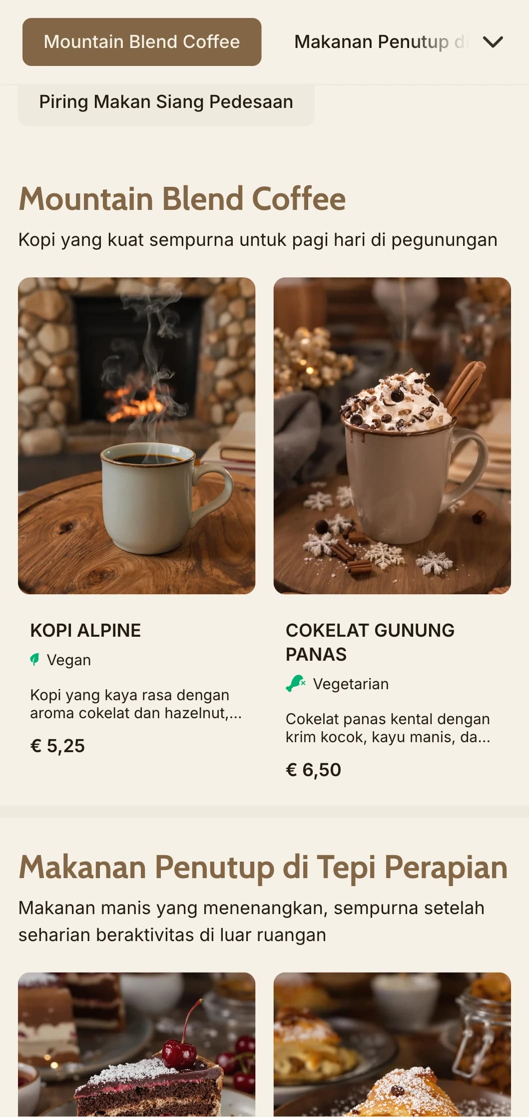 Desain nyaman yang terinspirasi dari kayu dengan elemen pegunungan untuk kafe alpine dan restoran penginapan.