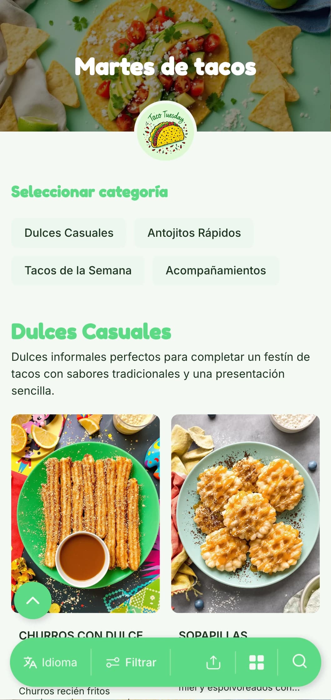 Menú divertido y desenfadado centrado en los tacos, con detalles en verde brillante, ilustraciones divertidas y variaciones creativas de tacos para los especiales de los días laborables.