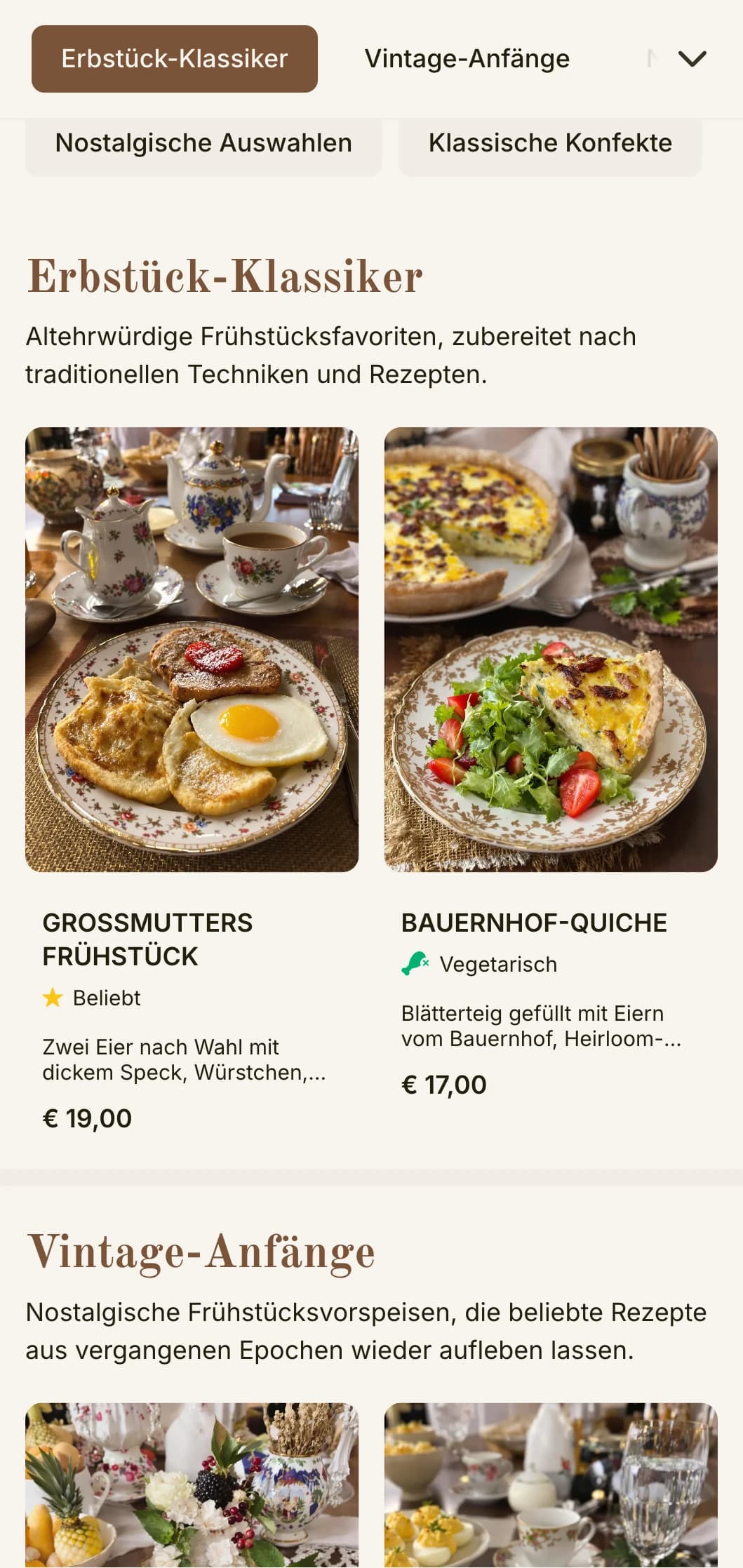 Nostalgische Morgenangebote, inspiriert von beliebten Rezepten aus der Vergangenheit, präsentiert mit zeitloser Eleganz.