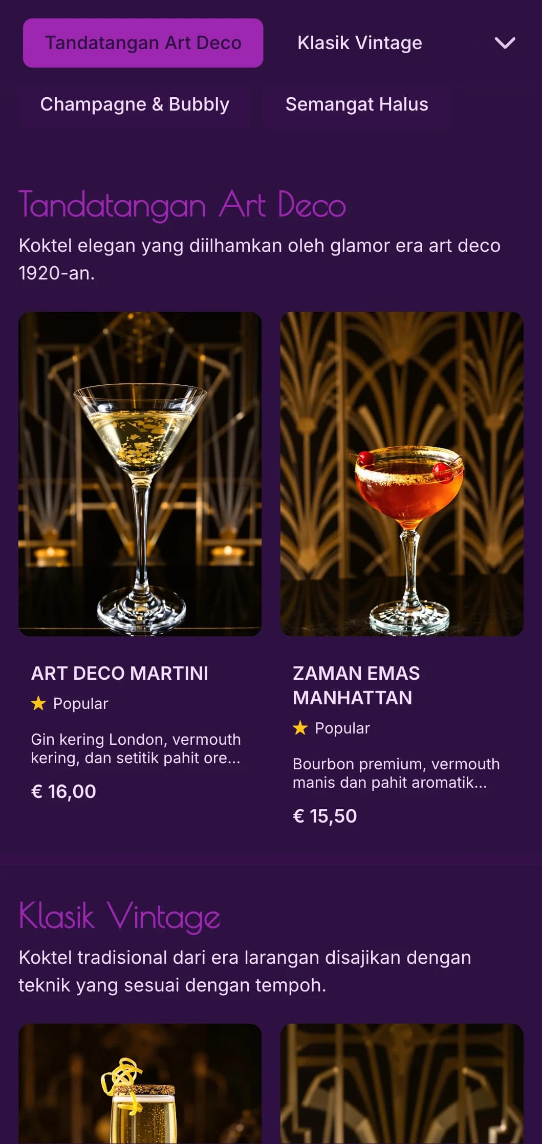 Reka bentuk ungu dan emas yang elegan diilhamkan oleh art deco tahun 1920-an untuk ruang istirahat koktel kelas atas.