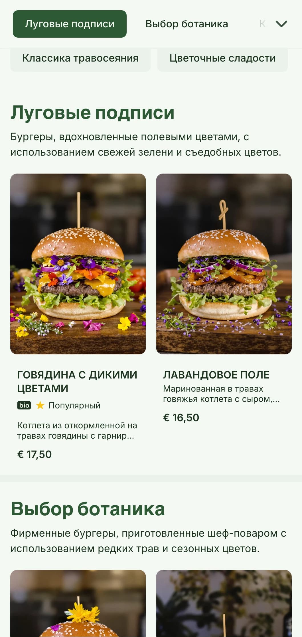 Концепция бургера, вдохновленная полевыми цветами и лугами, с естественной, воздушной эстетикой.