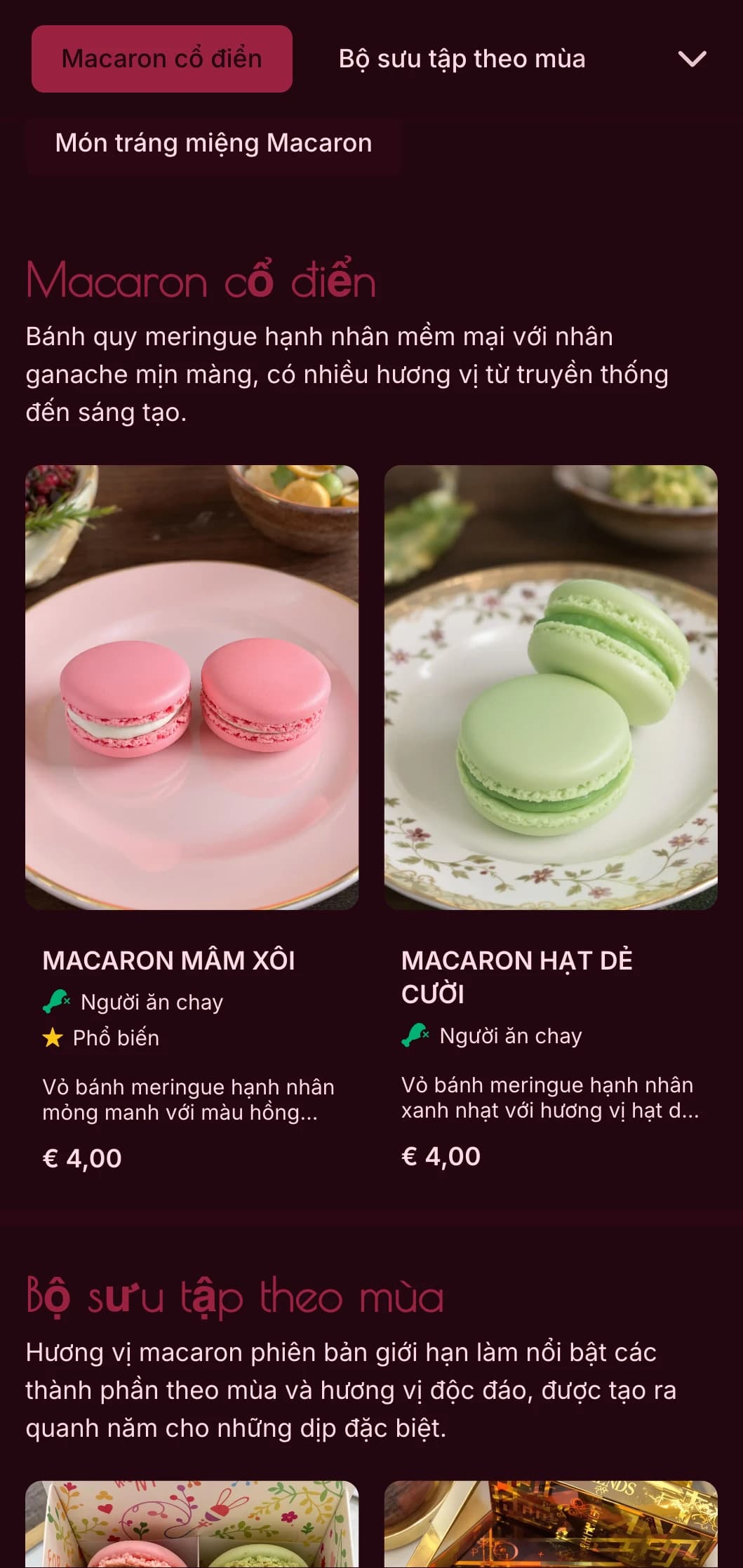 Thiết kế thực đơn bánh đầy màu sắc, sang trọng với tông màu hồng rực rỡ và kiểu chữ trang nhã, lý tưởng cho các chuyên gia làm macaron và các cửa hàng tráng miệng cao cấp.