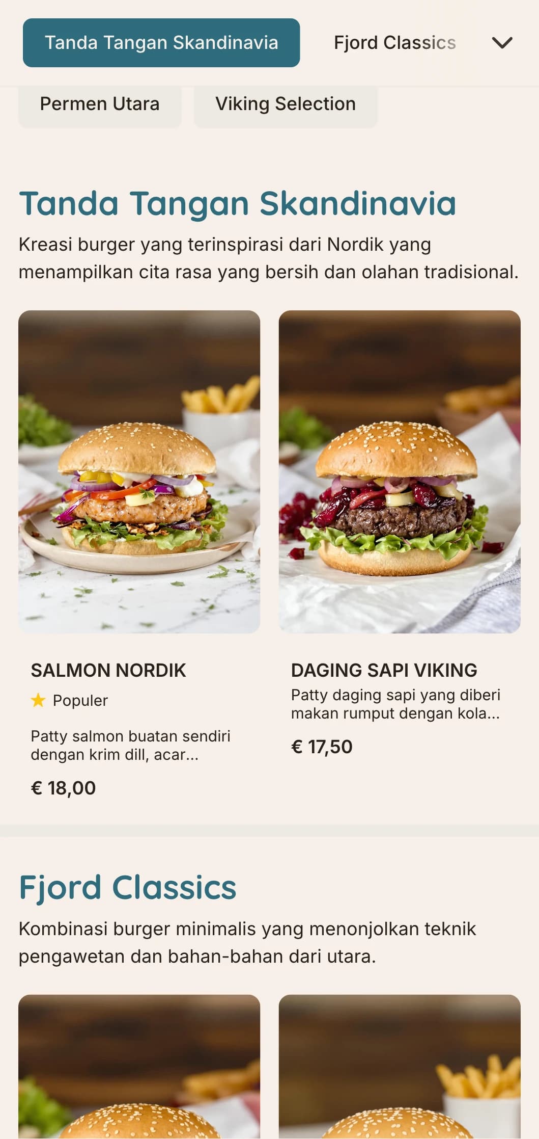 Konsep burger minimalis yang terinspirasi dari Skandinavia dengan garis-garis yang bersih dan desain yang fungsional.