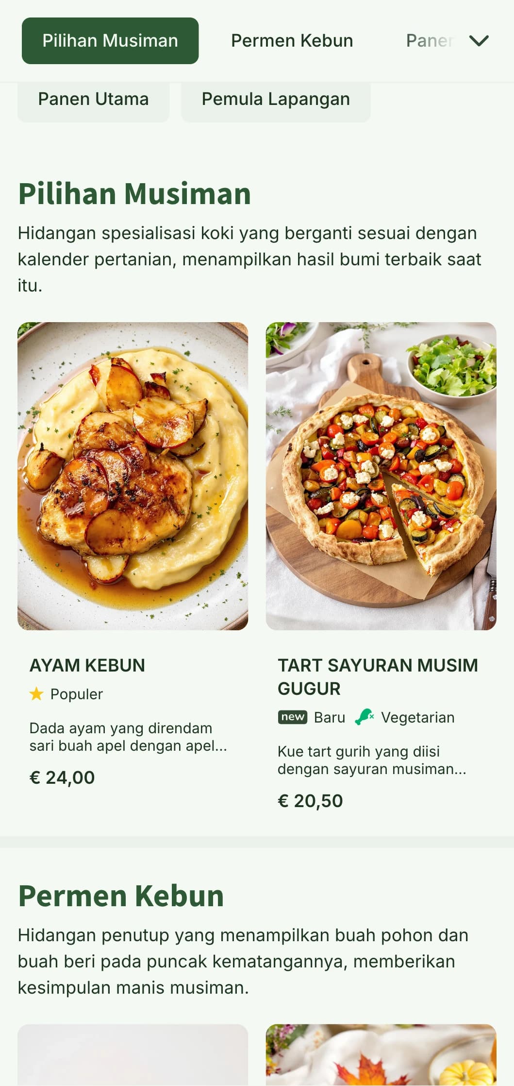Desain menu makan siang musiman bertema panen dengan nuansa musim gugur yang hangat dan elemen pertanian, cocok untuk restoran yang menyajikan makanan dari lahan pertanian dan restoran pedesaan.