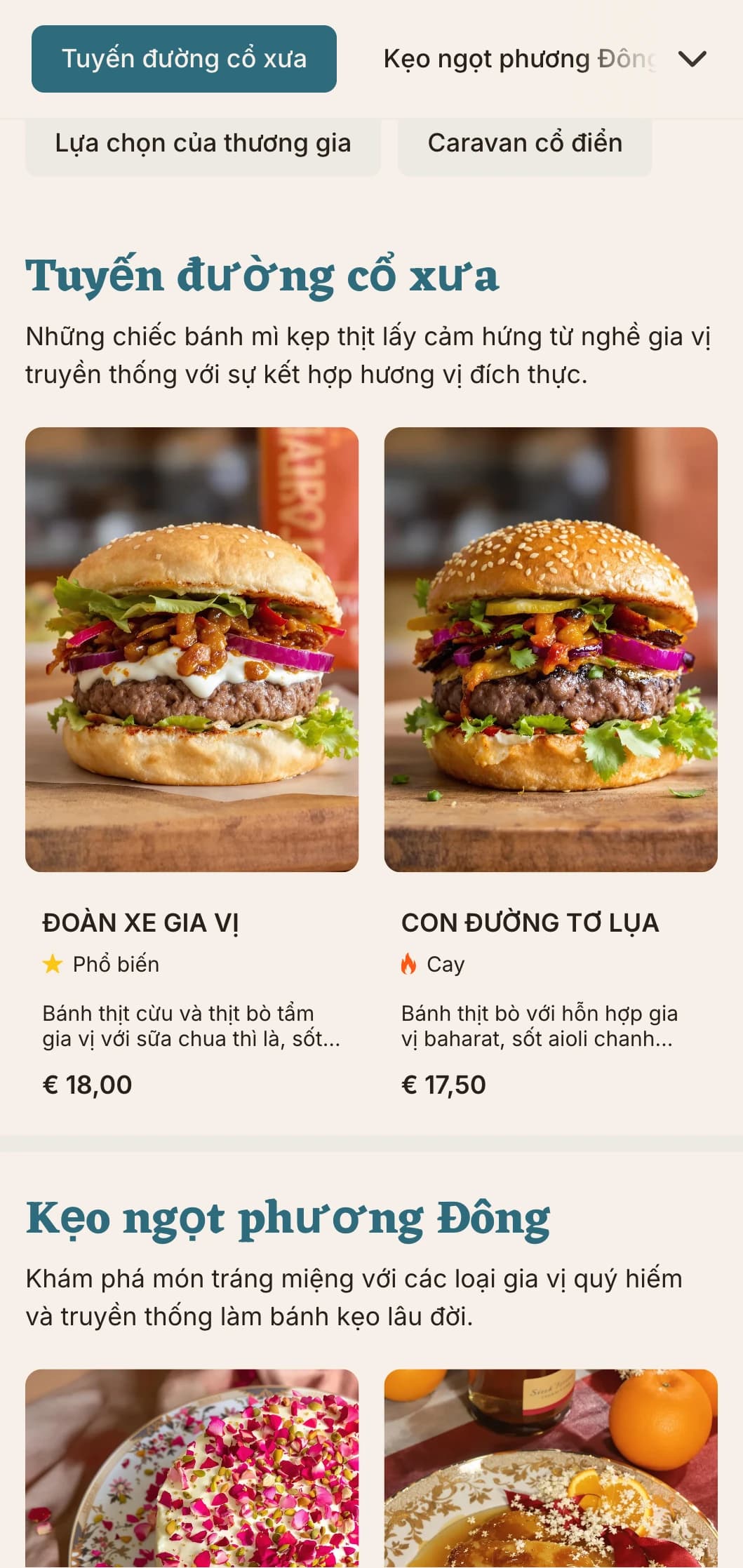 Thực đơn burger lấy cảm hứng từ tuyến đường thương mại cổ đại với sự kết hợp hương vị lịch sử.