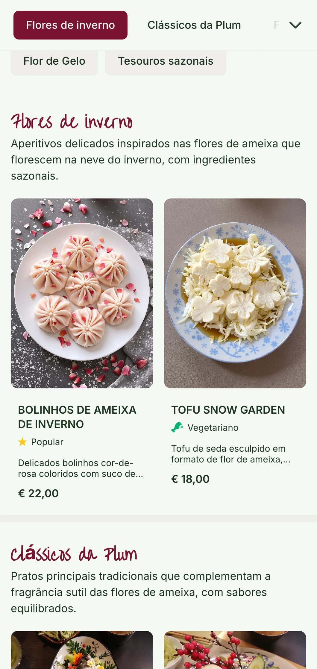 Design fresco de cardápio chinês inspirado em flores de ameixa, com padrões delicados para a culinária sazonal de inverno e primavera.
