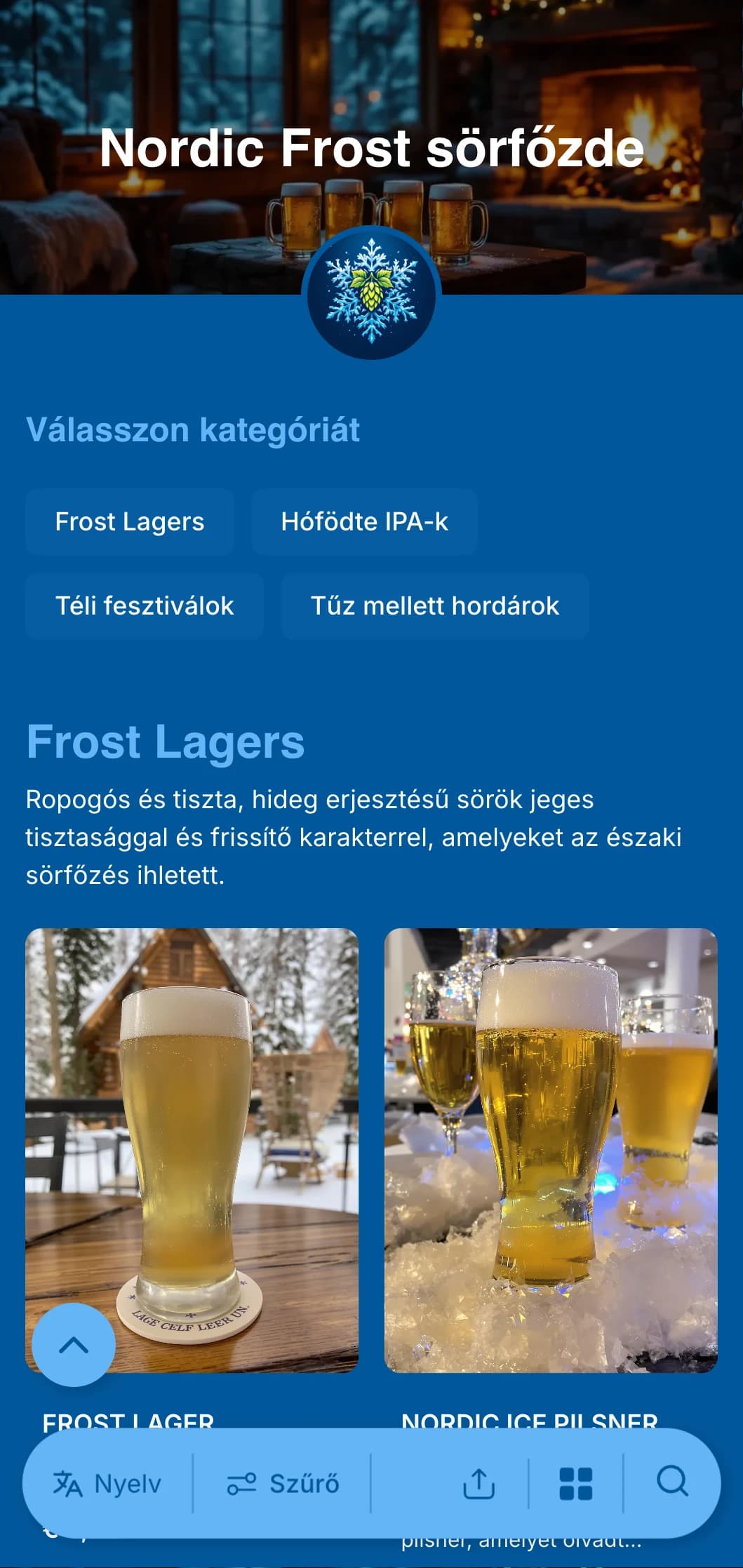 Hűvös és ropogós téli témájú design jeges kék tónusokkal és hópehely-akkcentrumokkal, ideális a téli szezonális sörmenükhöz.