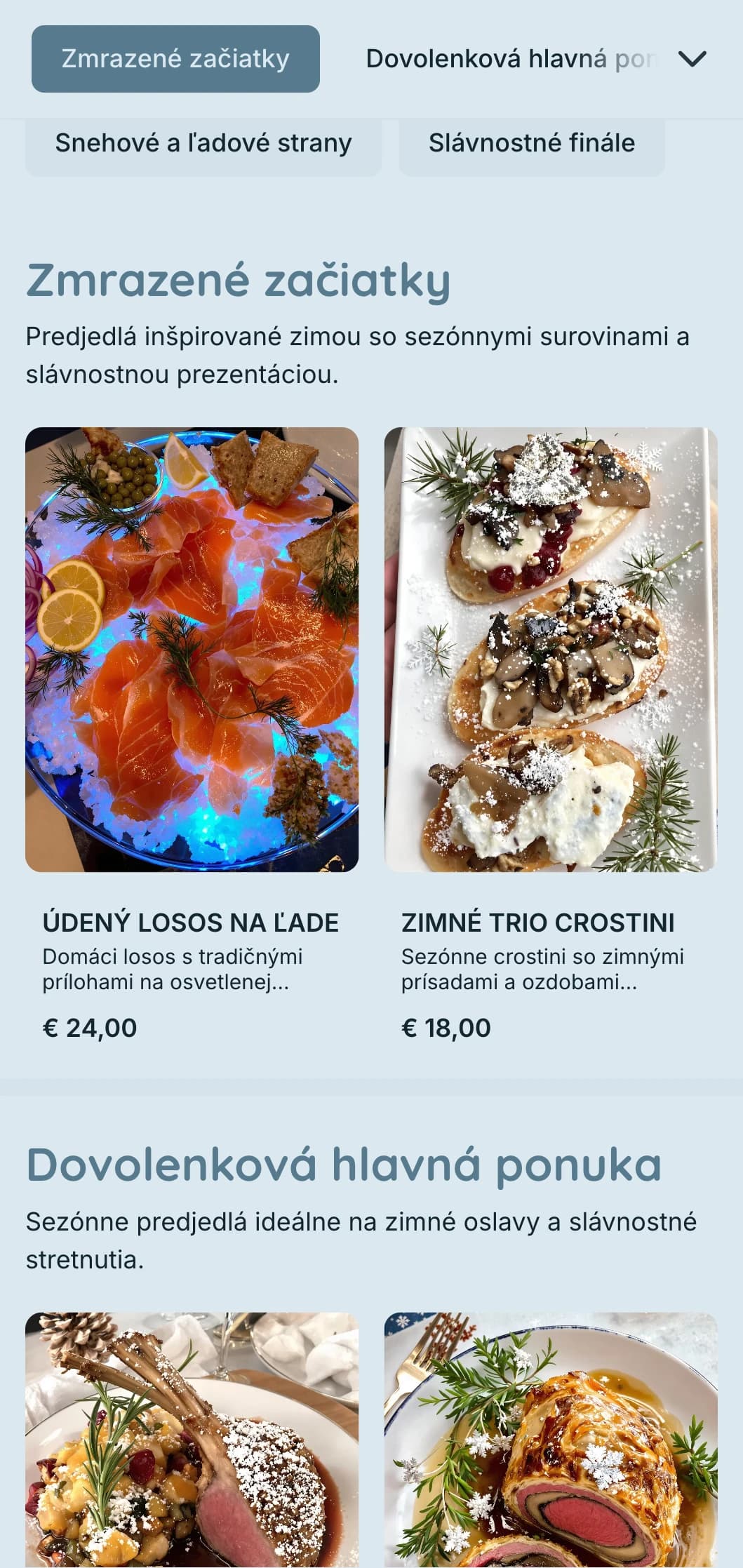 Magický catering so zimnou tematikou so sezónnymi surovinami, dramatickou prezentáciou a útulnými prvkami na sviatočné večierky a zimné podujatia.