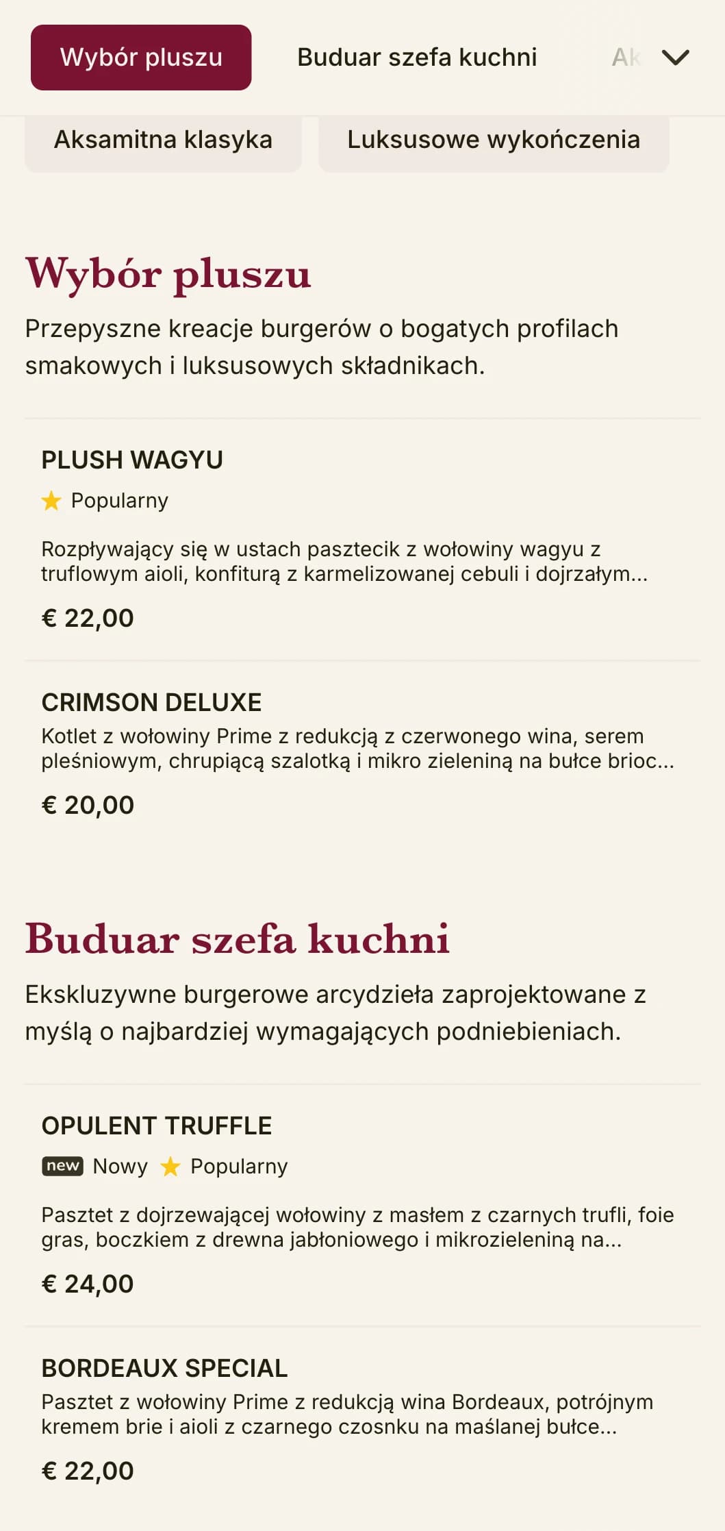 Luksusowy salon burgerowy z bogatymi teksturami i bogatą prezentacją.