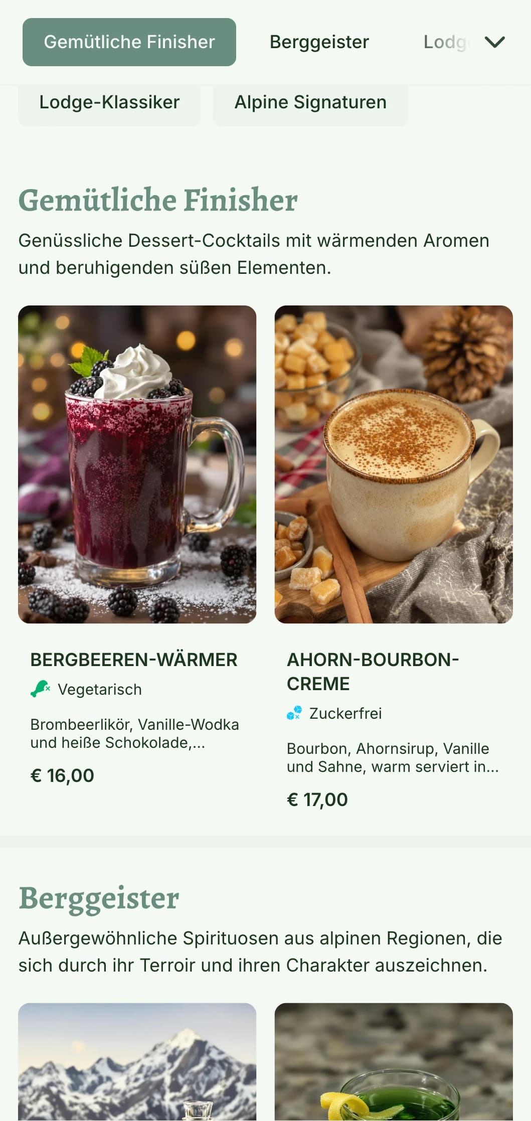 Ein gemütliches, von den Bergen inspiriertes Design für Skigebietsbars und Berghütten mit warmen, natürlichen Elementen und rustikaler Typografie.