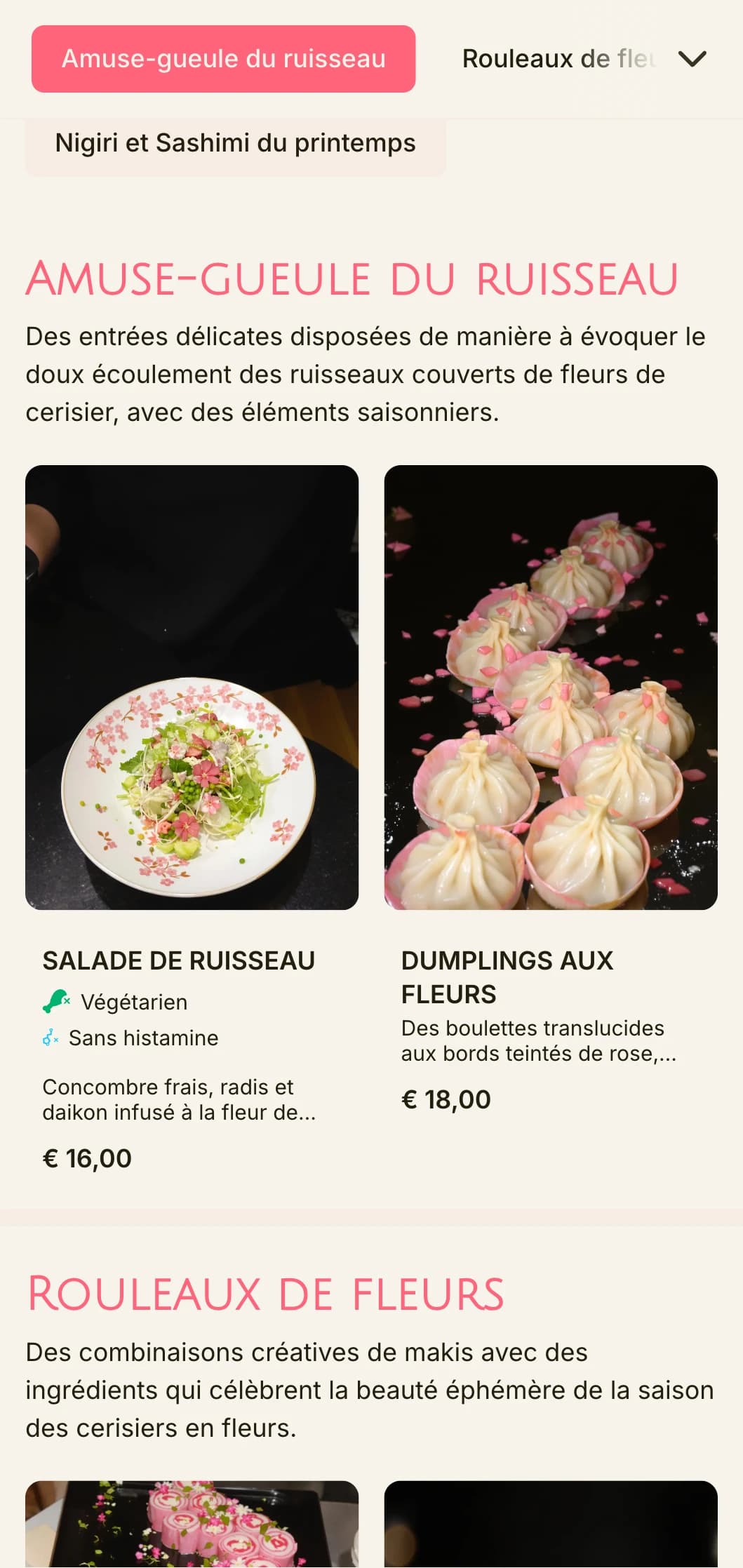 Menu de sushis inspiré des fleurs de cerisier, avec des touches de rose tendre et des éléments naturels.