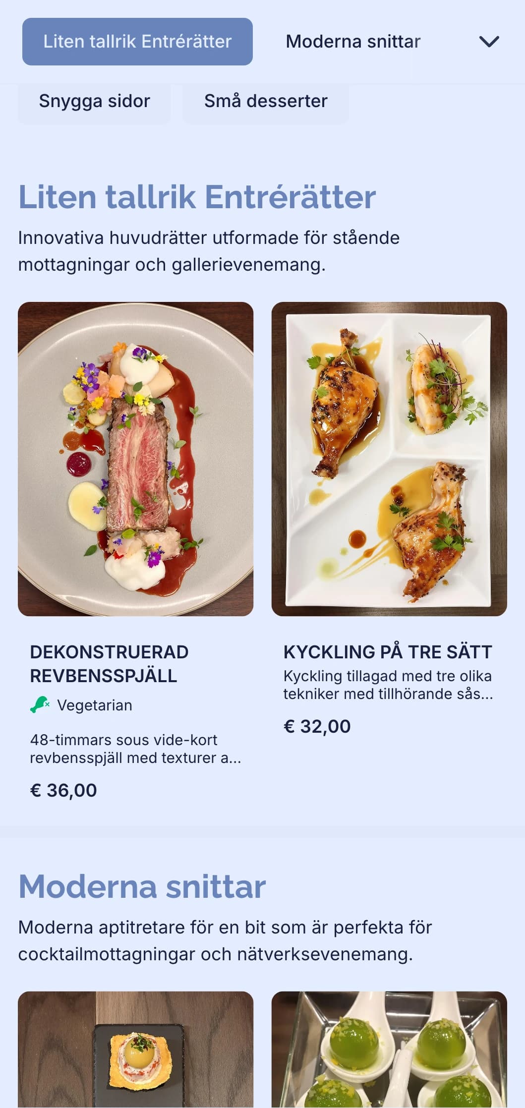 Snygg och modern catering för cocktailevenemang med innovativa kanapéer, små munsbitar och modern presentation för nätverksevenemang och galleriöppningar.