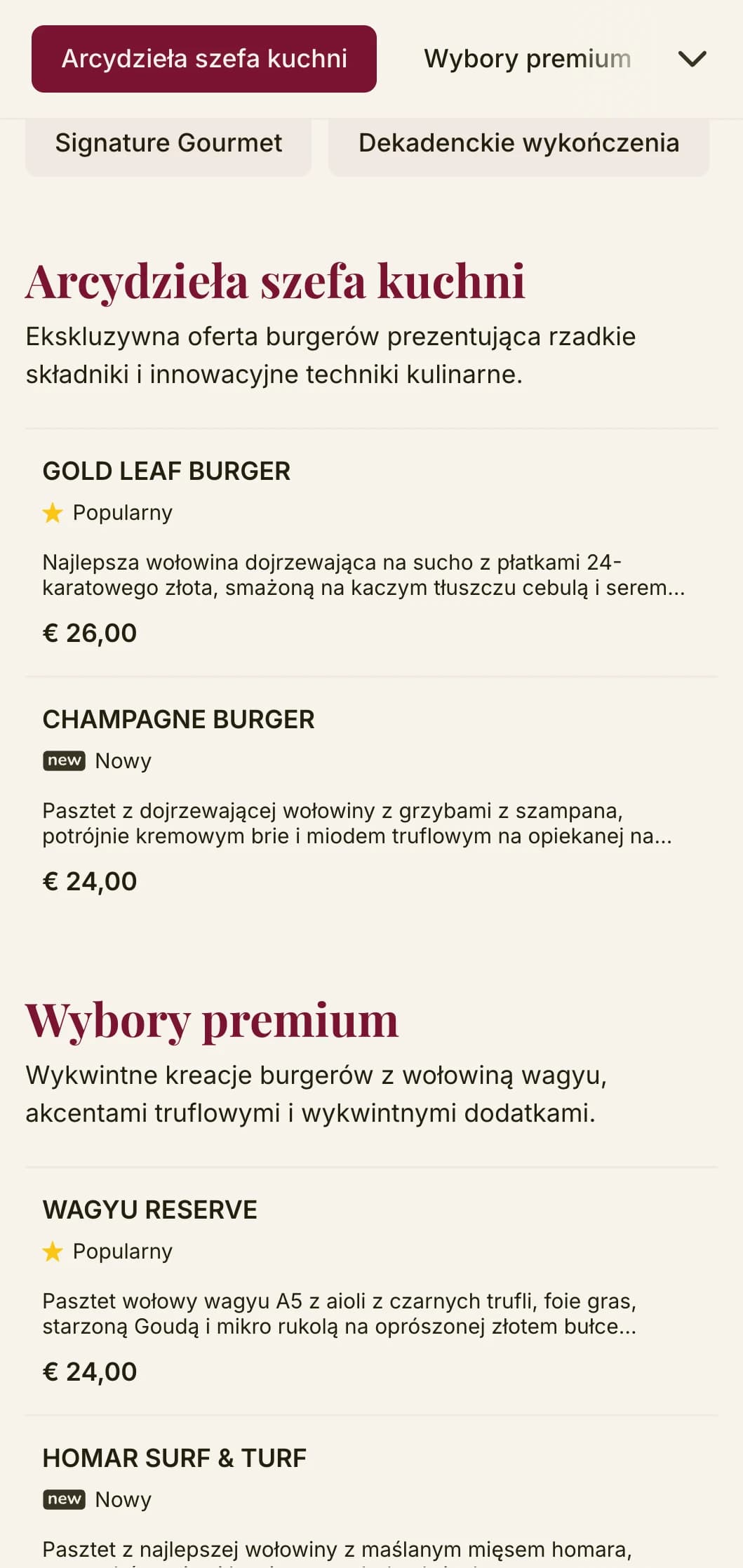 Podwyższona jakość burgerów z wysokiej jakości typografią i bogatą paletą kolorów zapewniającą ekskluzywne doznania.