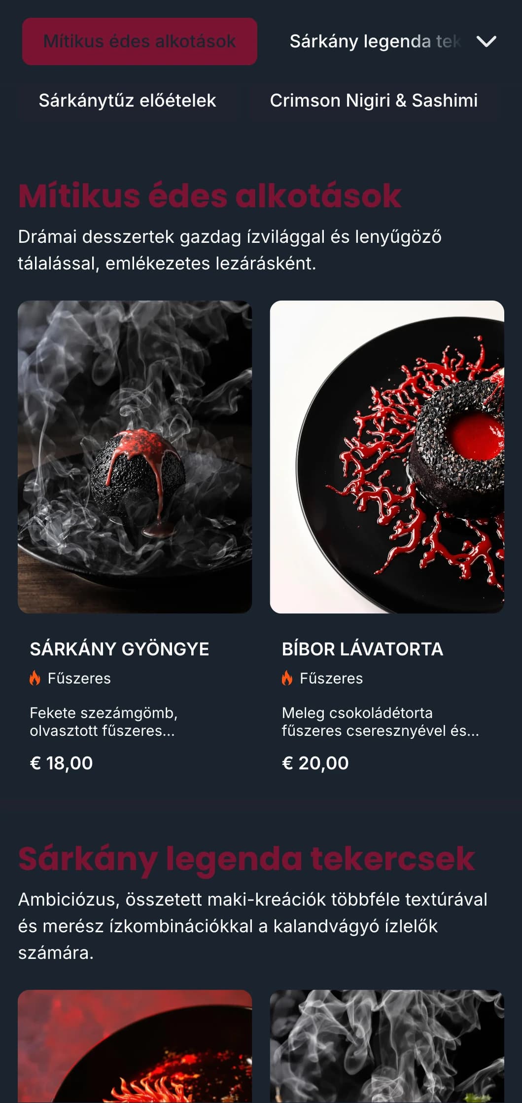 Merész, drámai sushi menü gazdag vörös tónusokkal, amelyeket a hagyományos japán sárkányos mitológia ihletett.