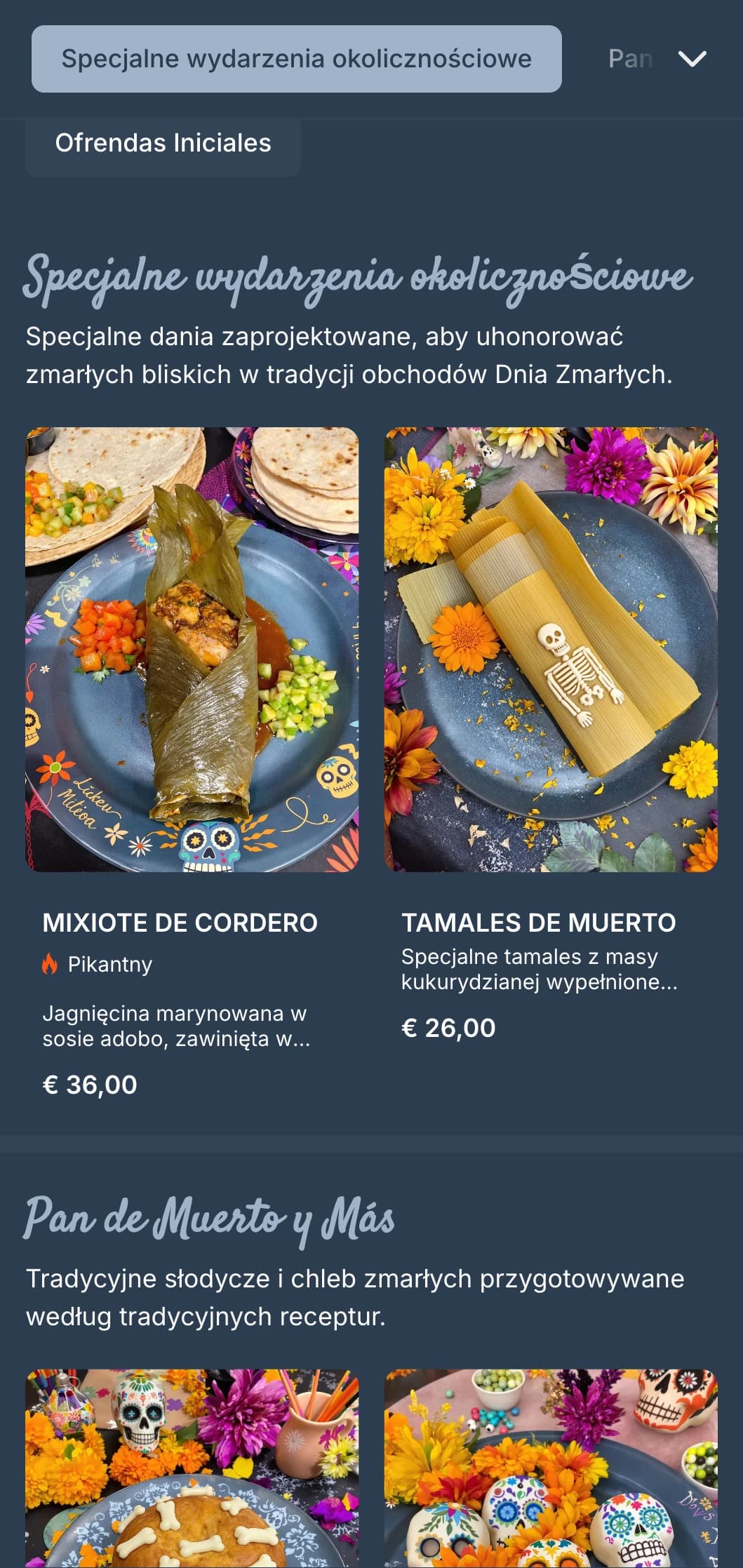 Artystyczne i uroczyste menu o tematyce Dnia Zmarłych z bogatymi niebiesko-szarymi odcieniami, motywami cukrowych czaszek i specjalnymi ofertami sezonowymi.