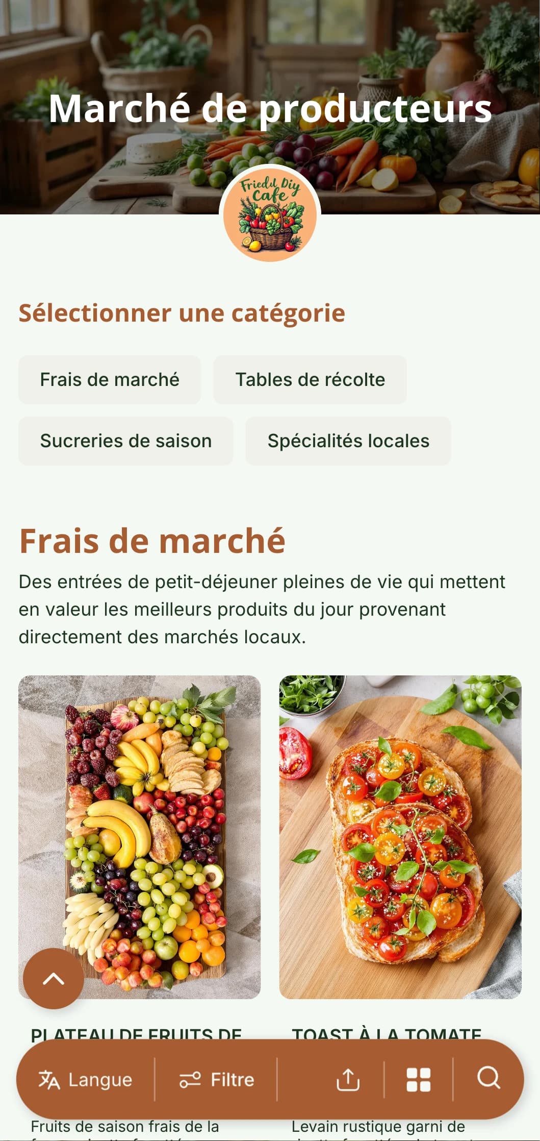 Un modèle de brunch frais et saisonnier avec des éléments rustiques, parfait pour les cafés de la ferme à la table qui proposent des produits locaux.