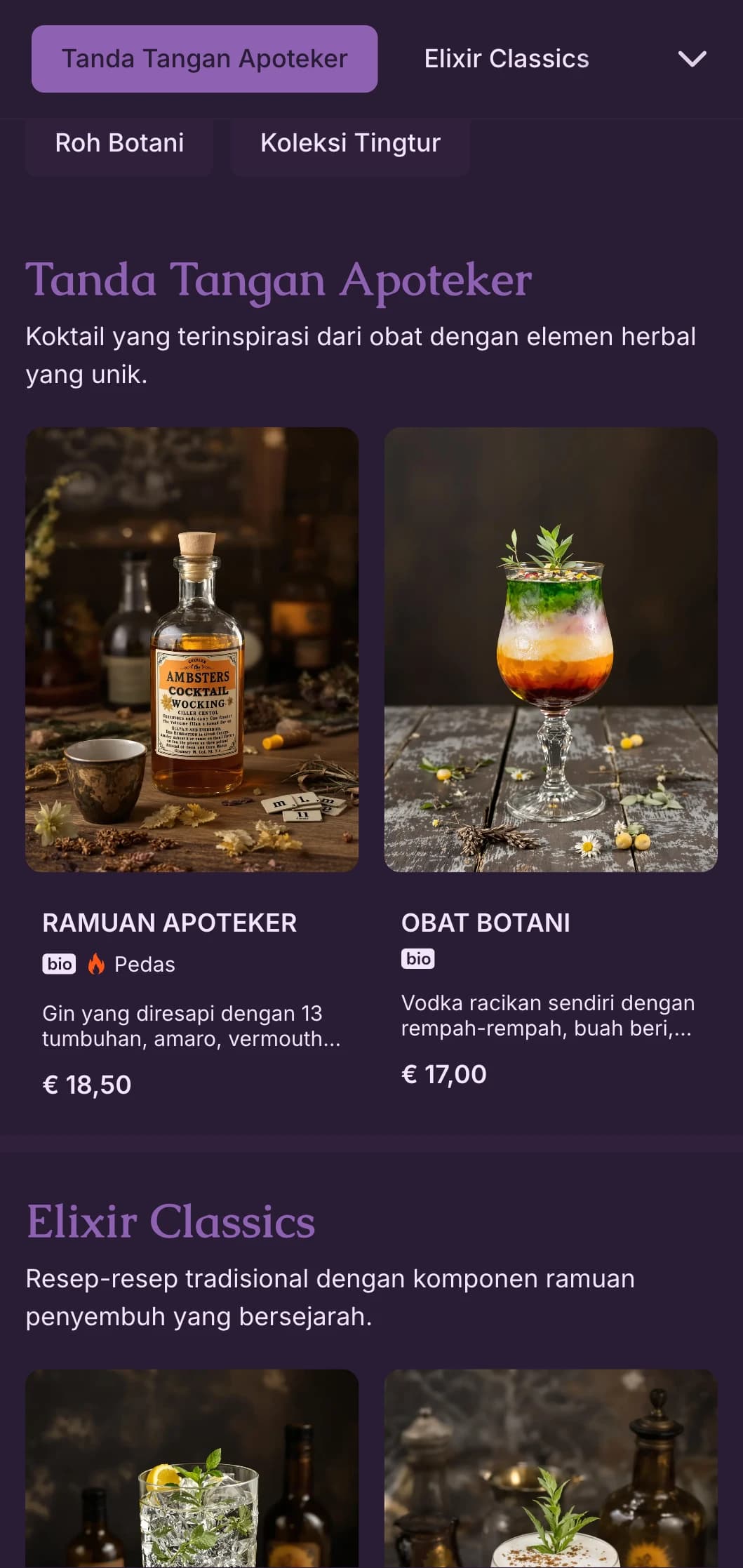 Desain ungu misterius dengan ilustrasi botani untuk laboratorium kerajinan koktail.
