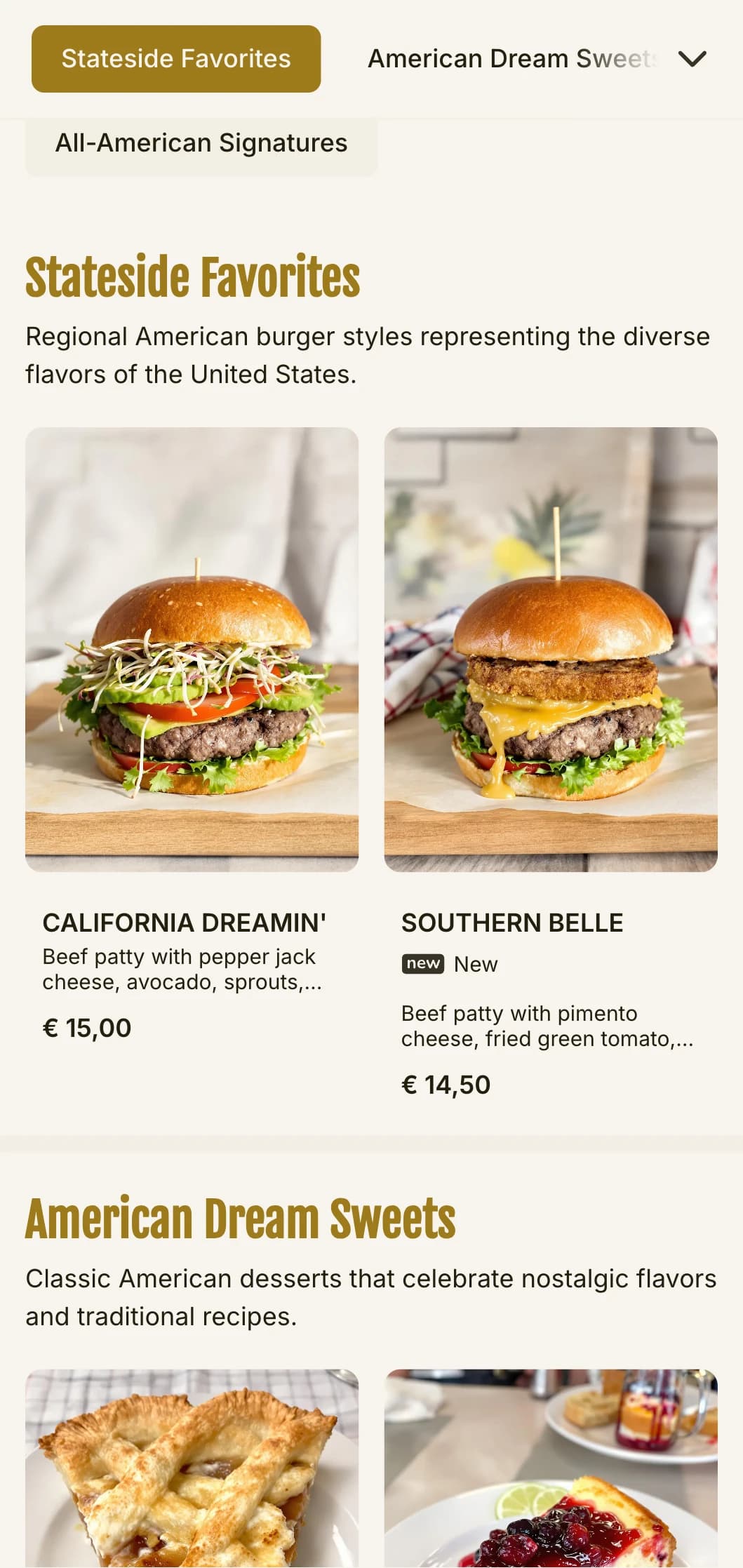 Classic American burger joint with red, white and blue accents and nostalgic diner elements.