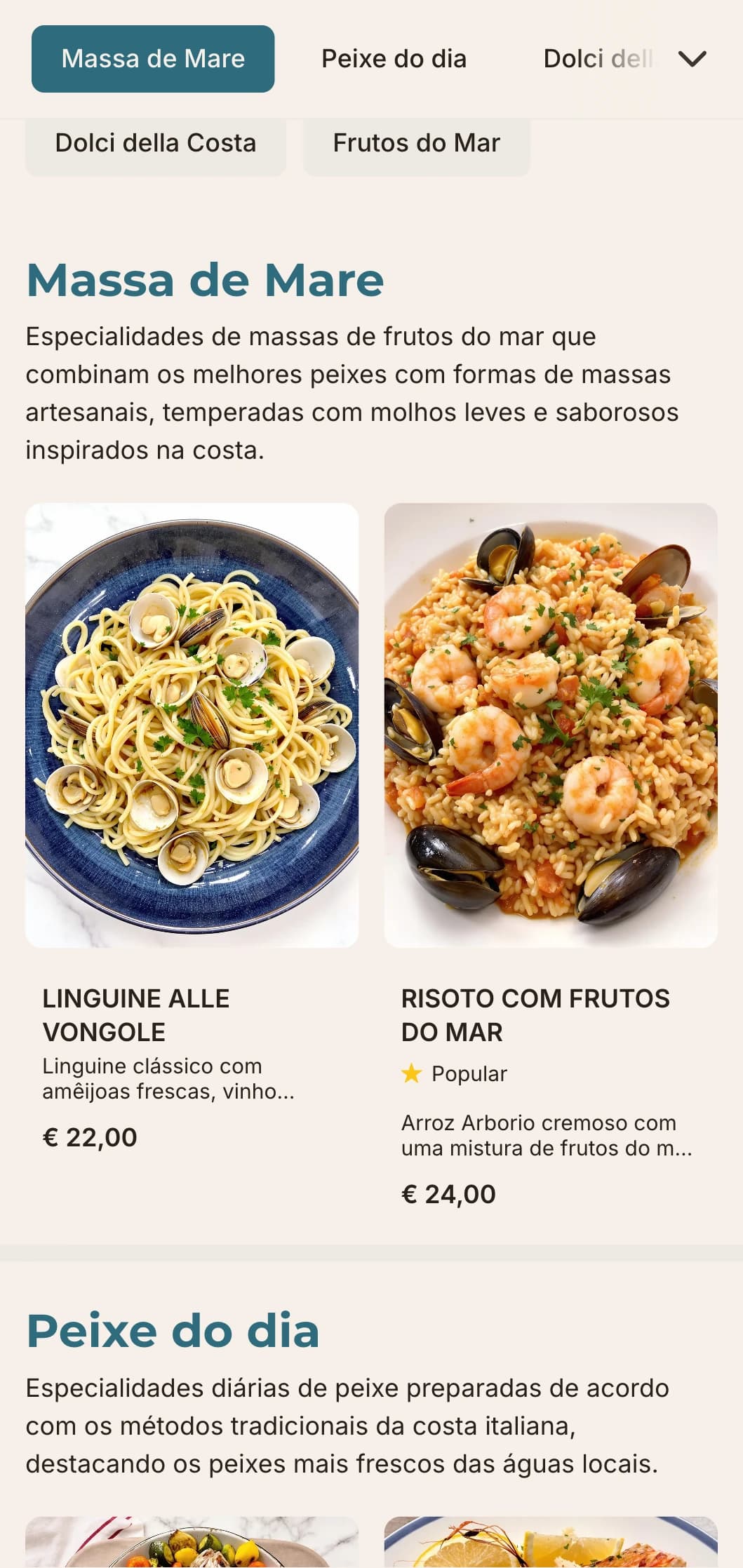 Design de inspiração mediterrânea com tons de azul à beira-mar, tipografia limpa e layouts arejados para estabelecimentos italianos de frutos do mar.