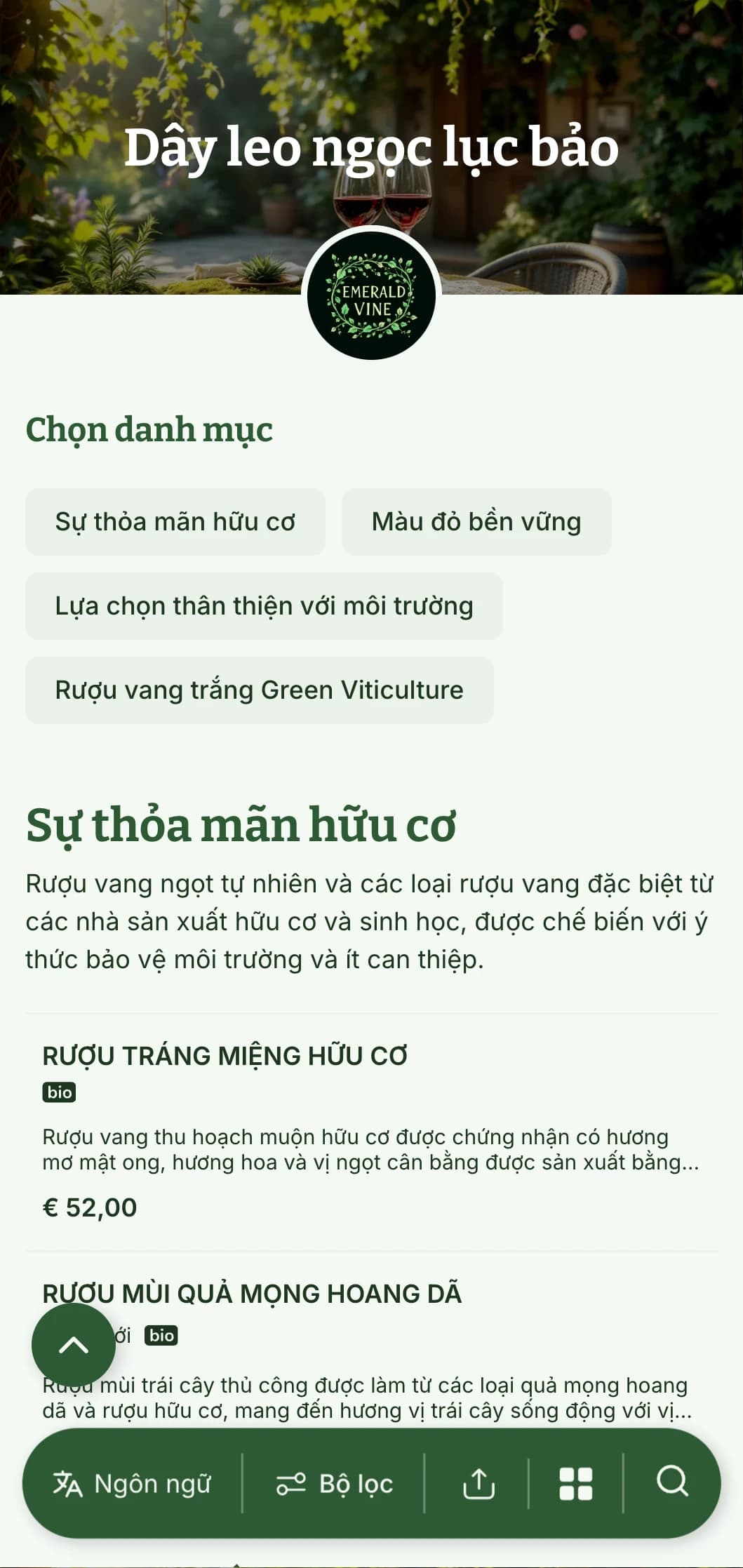 Mẫu danh sách rượu vang theo chủ đề màu xanh lá cây tươi tốt với các yếu tố thực vật và kết cấu tự nhiên, hoàn hảo cho các loại rượu vang hữu cơ và nhà hàng sân vườn.
