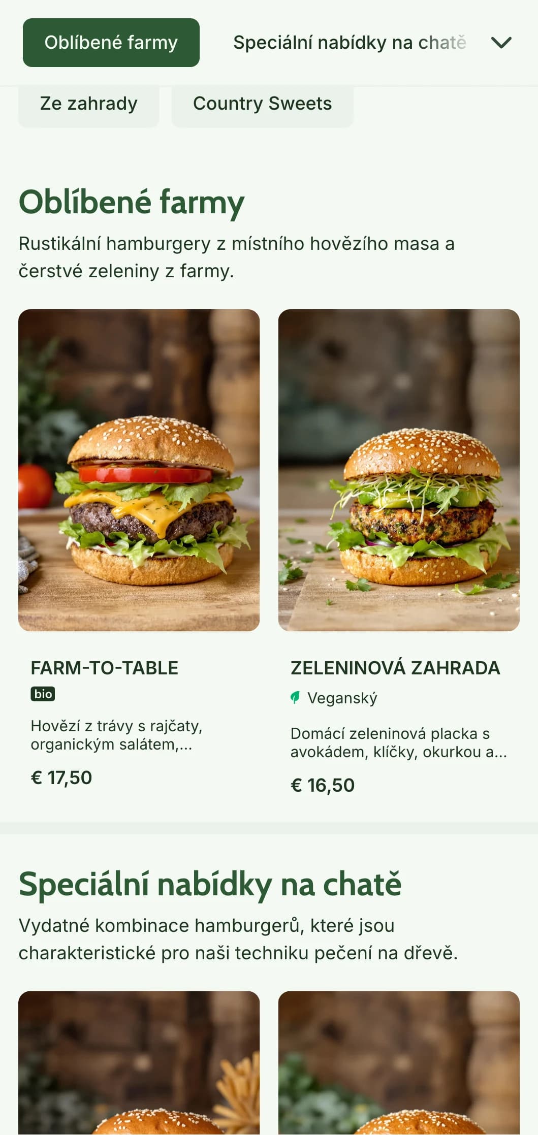 Rustikální hamburgerový zážitek s přírodními dřevěnými texturami a zelenými akcenty pro autentický koncept burgerů z farmy.