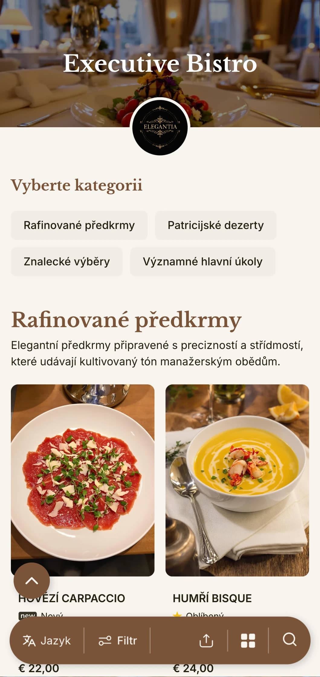 Sofistikovaný design obědového menu s vytříbenou typografií a elegantním řádkováním, přizpůsobený pro luxusní hotelové restaurace a jídelny pro profesionály.