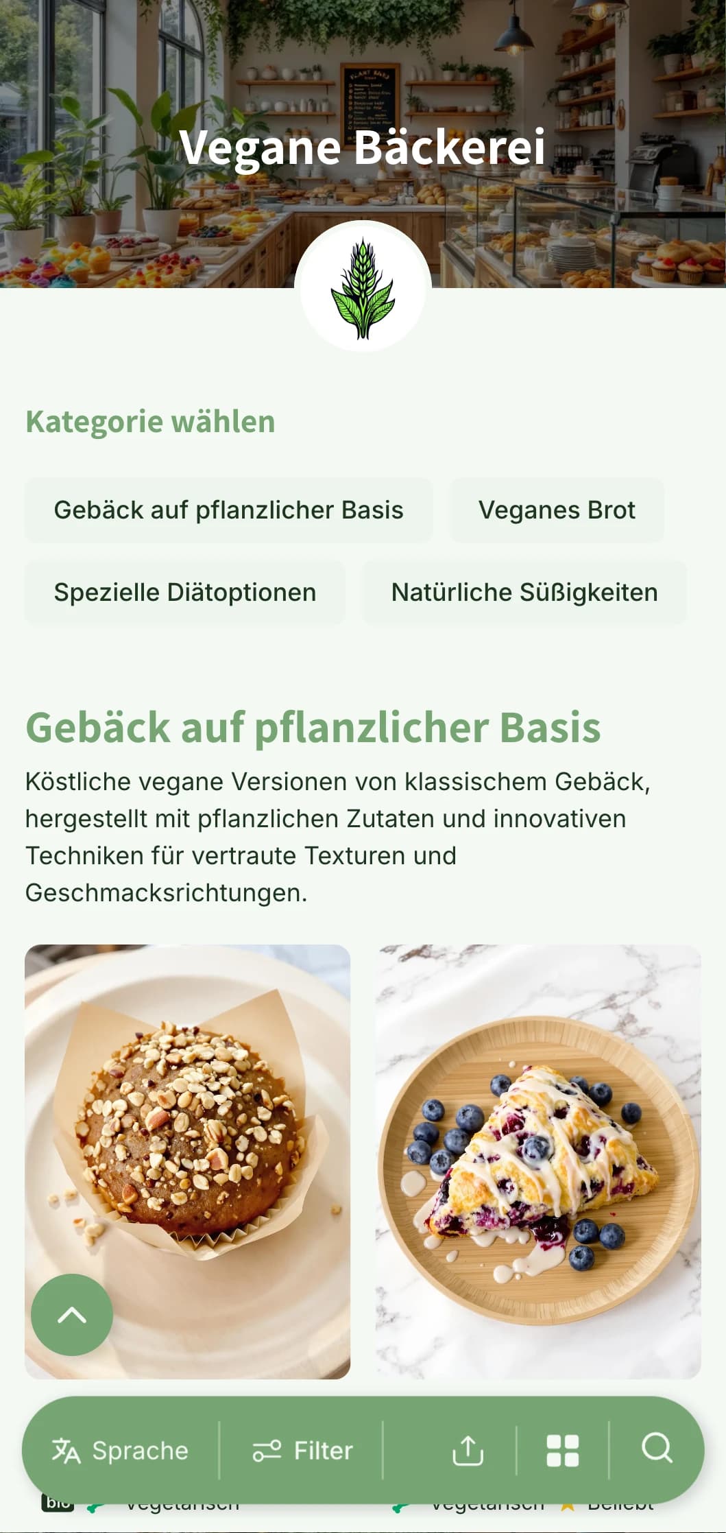 Ein frisches, pflanzenbasiertes Bäckerei-Menü-Design mit leuchtenden Grüntönen und klarer Typografie, perfekt für vegane Bäckereien und umweltbewusste Geschäfte.
