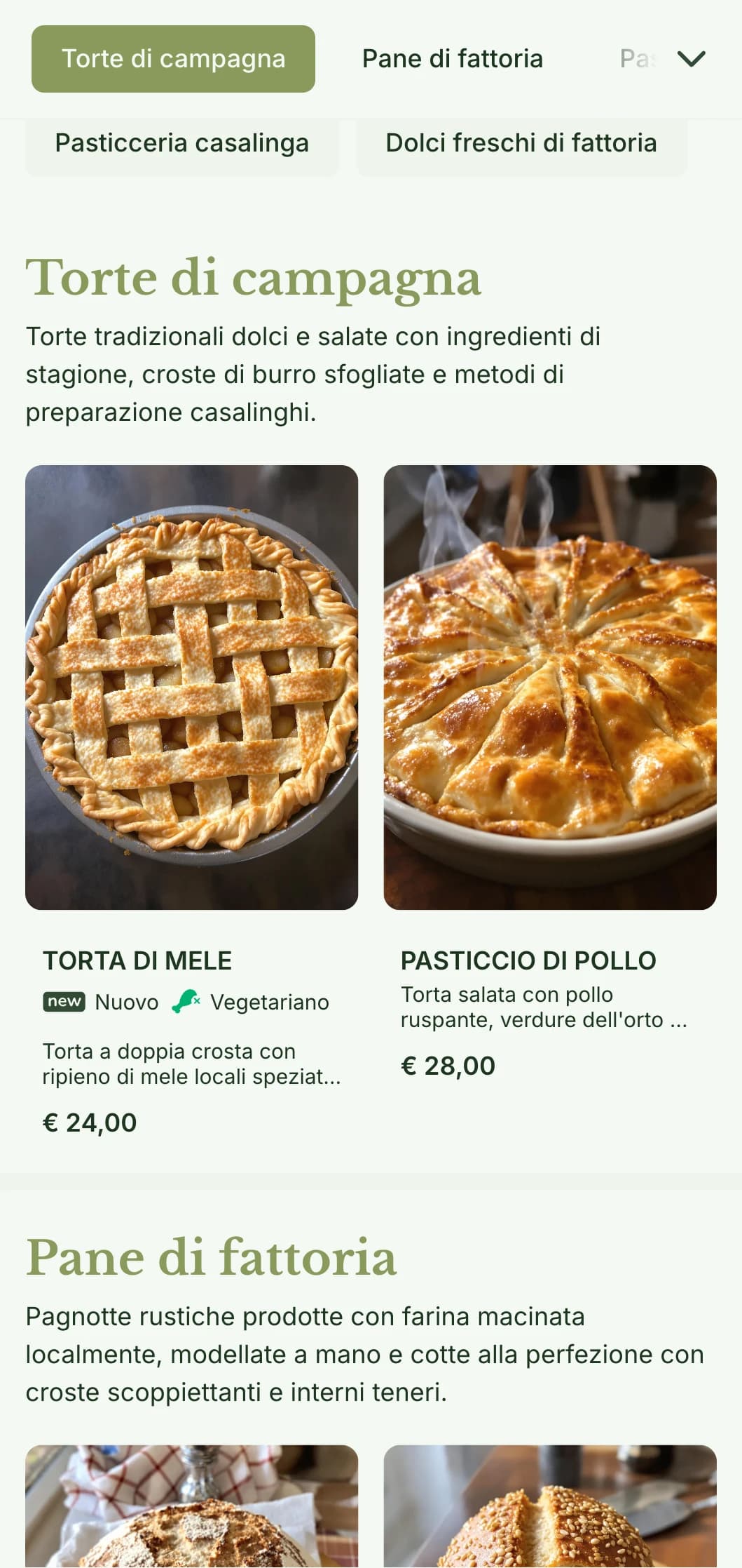 Il design del menu di una panetteria di campagna, dai toni caldi del verde e dalla tipografia tradizionale, è perfetto per le panetterie "farm-to-table" e per i negozi di articoli casalinghi.