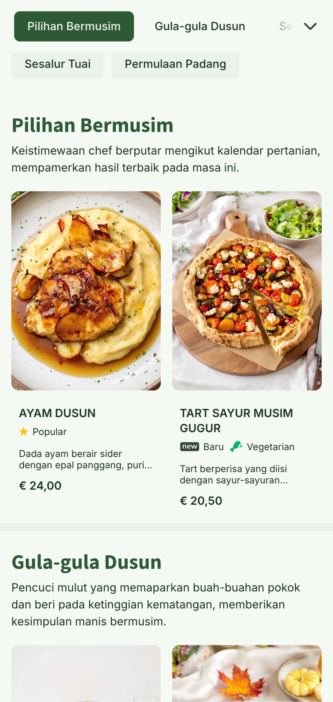 Reka bentuk menu makan tengah hari bermusim bertemakan tuaian dengan rona musim luruh yang hangat dan unsur pertanian, sesuai untuk restoran dari ladang ke meja dan restoran luar bandar.
