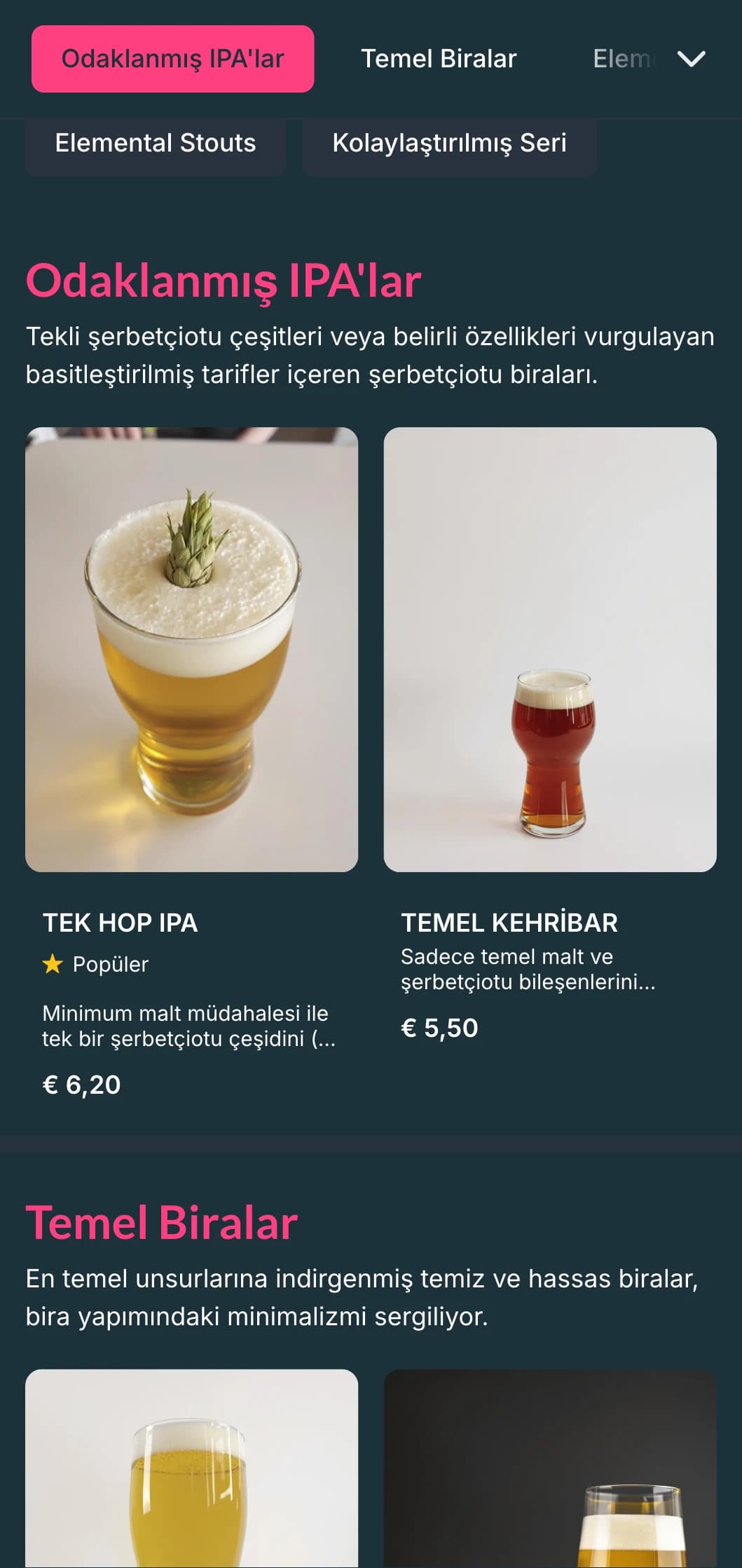 Geniş beyaz alan ve temel tipografi ile temiz ve düzenli tasarım, sadeliğe odaklanan modern mikro bira fabrikaları için ideal.
